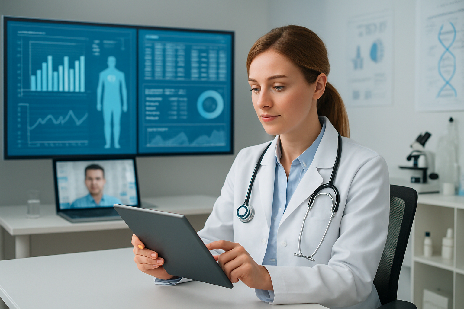 Create a realistic image of a modern healthcare professional, a white female doctor in a white coat, sitting at a sleek desk using a tablet device to conduct a telemedicine consultation, with multiple digital screens displaying patient data and health analytics in the background, modern medical equipment and pharmaceutical research charts visible on the walls, bright professional lighting in a contemporary medical office setting, conveying innovation and digital transformation in healthcare, absolutely NO text should be in the scene.