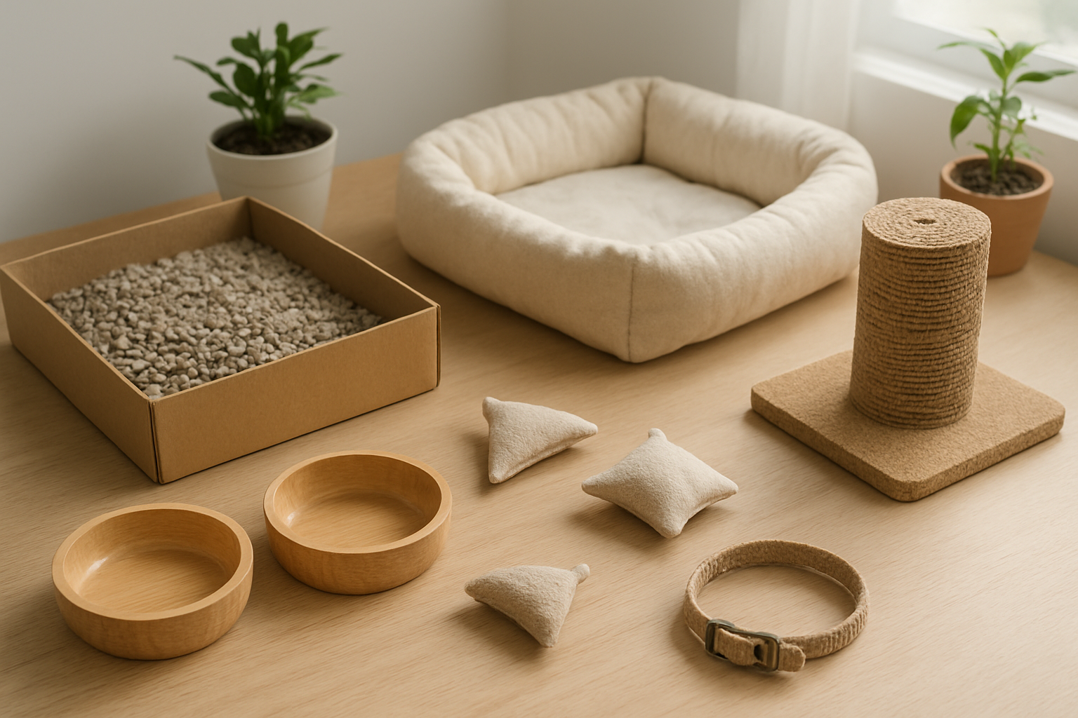 Create a realistic image of an assortment of eco-friendly cat supplies and accessories neatly arranged on a clean wooden surface, including bamboo cat bowls, a natural hemp cat collar, biodegradable cat litter made from recycled paper, organic catnip toys made from natural fabrics, a scratching post made from sustainable cork or cardboard, and a cozy cat bed made from organic cotton, with soft natural lighting from a nearby window creating gentle shadows, surrounded by small potted plants to emphasize the eco-friendly theme, shot from a slightly elevated angle to showcase all items clearly, absolutely NO text should be in the scene.