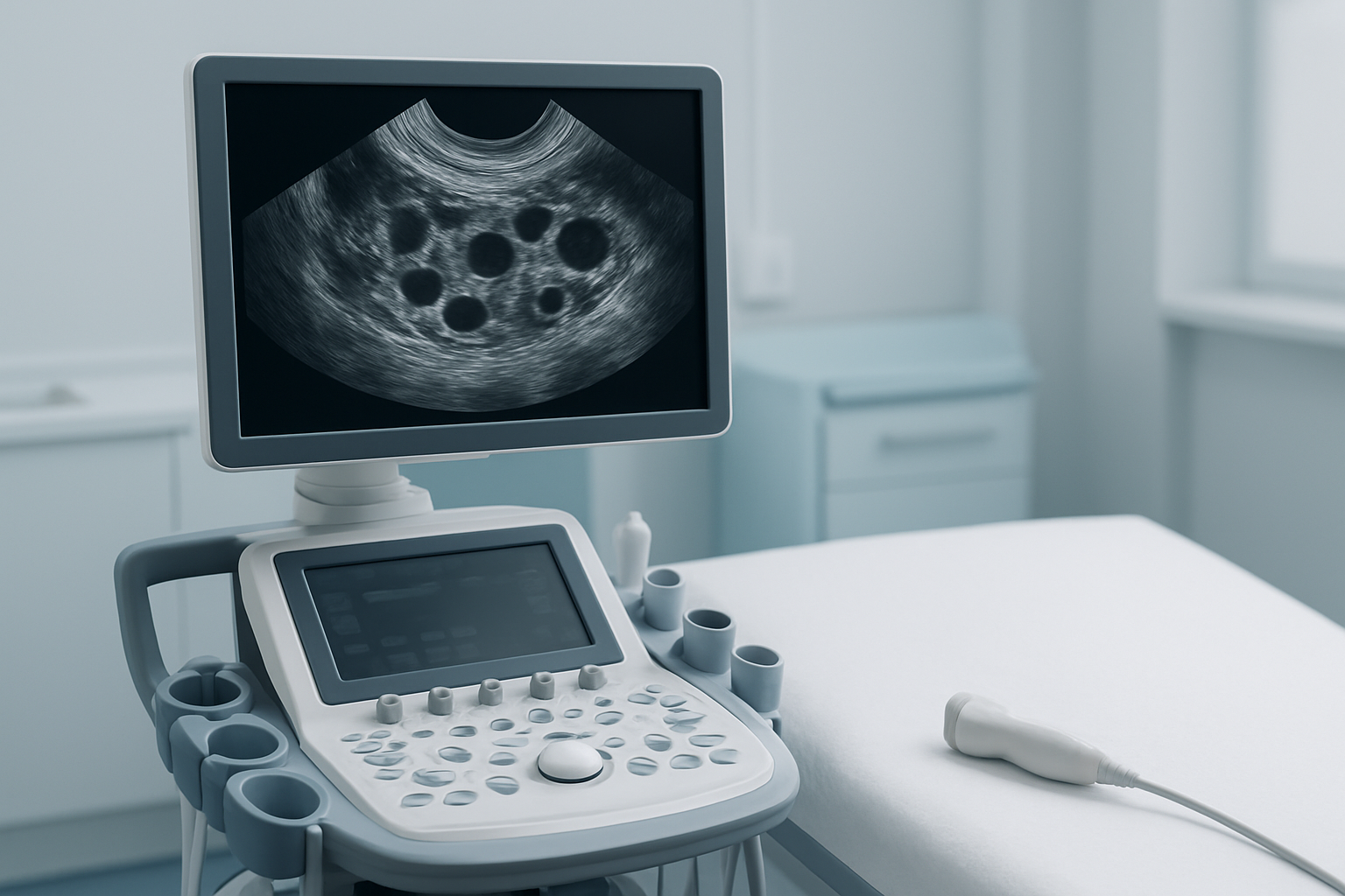 Create a realistic image of a modern ultrasound machine with its monitor displaying a clear ovarian follicle scan, showing circular follicular structures on the black and white ultrasound screen, with an ultrasound probe positioned nearby on a clean medical examination table, in a bright clinical setting with soft medical lighting, sterile white and blue medical equipment surroundings, emphasizing the precision and clarity of follicular monitoring technology, absolutely NO text should be in the scene.