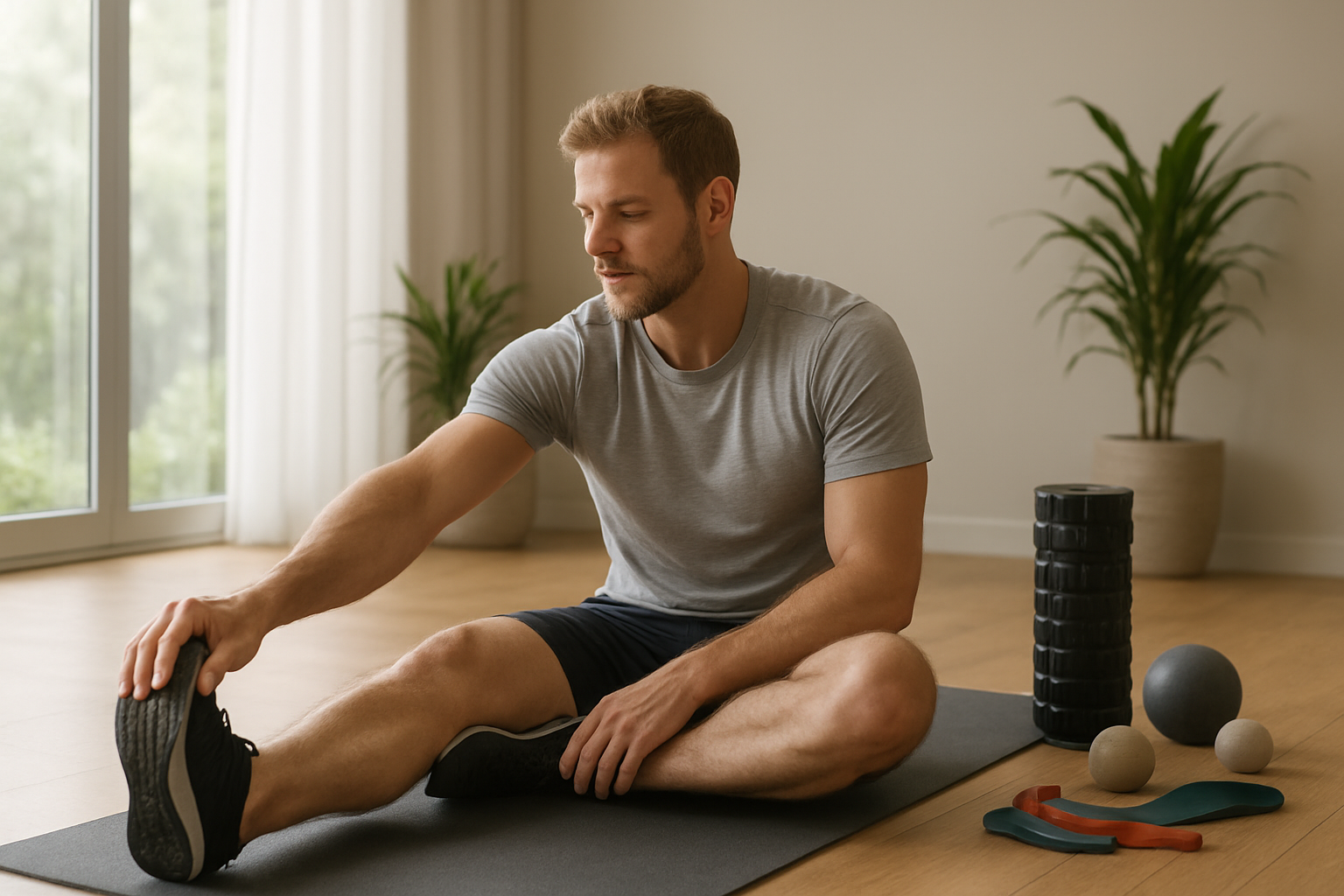 Create a realistic image of a peaceful recovery scene featuring a white male athlete in his late twenties sitting on a yoga mat performing gentle stretching exercises in a modern wellness room, with recovery tools like foam rollers, massage balls, and resistance bands neatly arranged nearby, soft natural lighting filtering through large windows, plants in the background, and a serene atmosphere that conveys rest and rejuvenation, absolutely NO text should be in the scene.