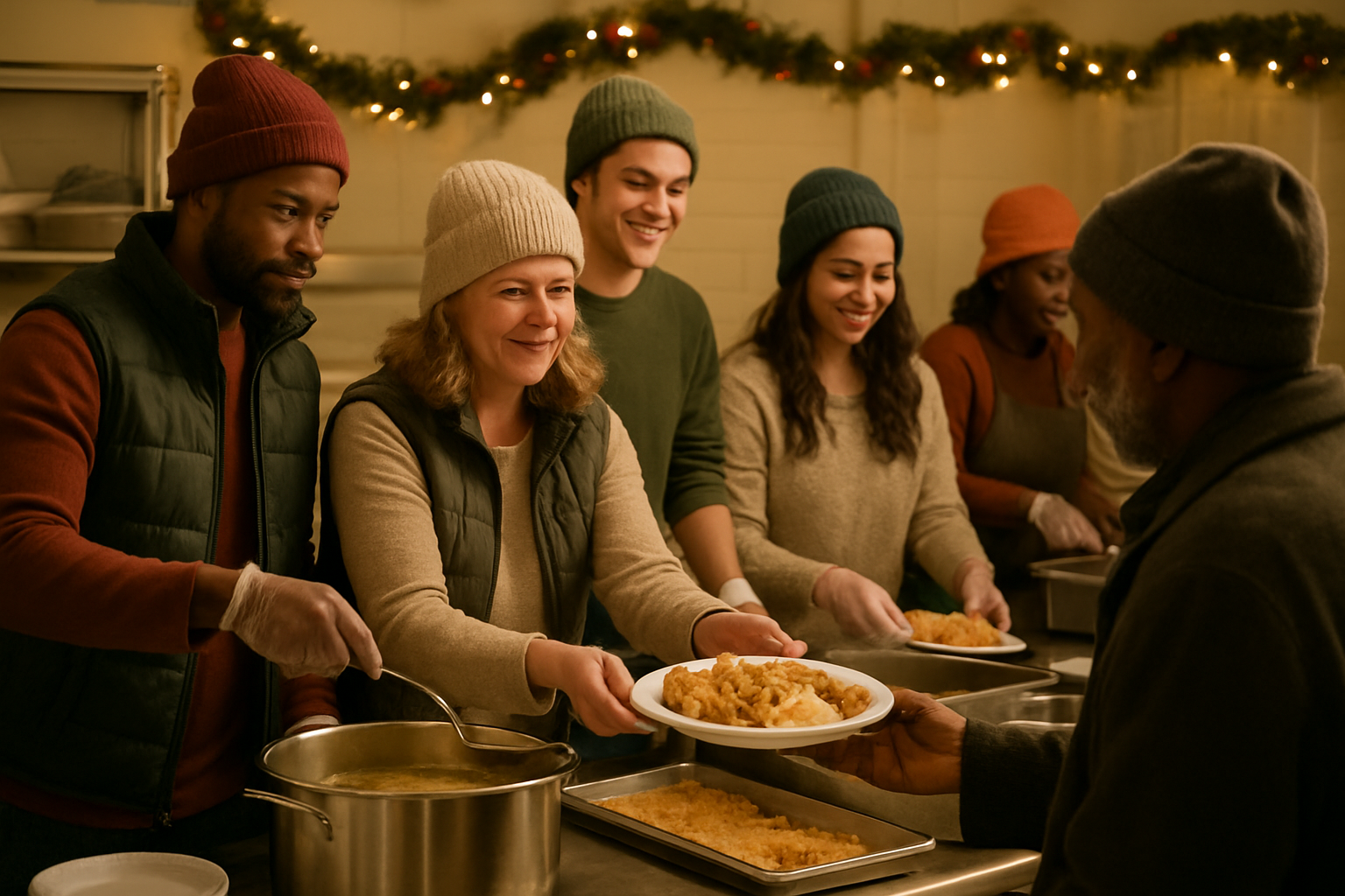 Create a realistic image of diverse volunteers of different races and genders wearing casual winter clothing serving food at a community soup kitchen decorated with subtle Christmas elements like garland and warm lighting, showing people of various backgrounds including white, black, and Hispanic individuals both male and female working together to distribute meals to those in need, with a warm and welcoming atmosphere, soft golden lighting creating a sense of hope and community spirit, kitchen and dining area setting with serving tables and volunteers actively engaged in food preparation and distribution activities, absolutely NO text should be in the scene.