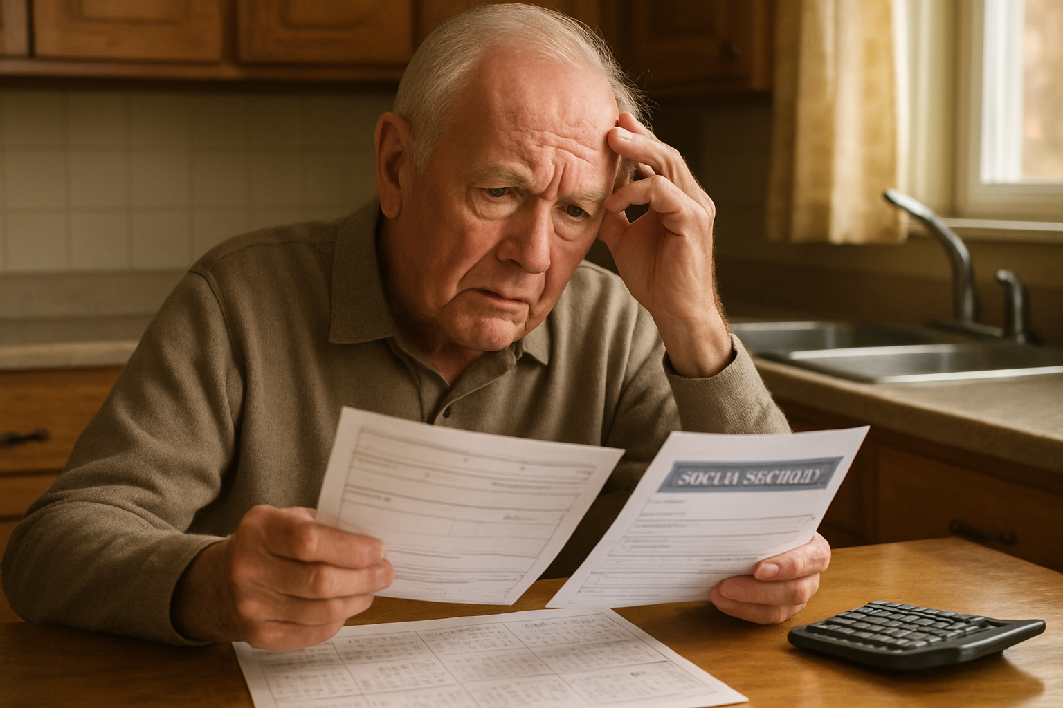 Create a realistic image of an elderly white male sitting at a kitchen table looking confused and concerned while holding official Social Security documents and forms, with a calendar showing different months visible on the table, a calculator nearby, and warm natural lighting coming through a window creating a thoughtful atmosphere that conveys the weight of an important financial decision, absolutely NO text should be in the scene.