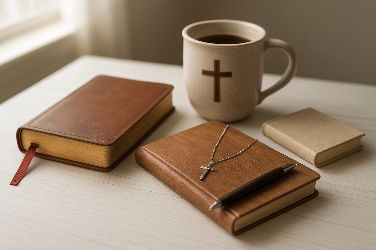 Create a realistic image of a beautifully arranged collection of faith-centered everyday items including a leather-bound Bible with a ribbon bookmark, a ceramic coffee mug with a cross design, a wooden prayer journal with a pen beside it, a delicate silver cross necklace draped elegantly, and a small devotional book, all artfully displayed on a clean white wooden table surface with soft natural lighting from a nearby window creating gentle shadows, warm and peaceful atmosphere, absolutely NO text should be in the scene.