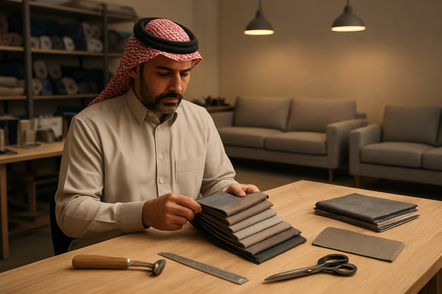 Create a realistic image of a Middle Eastern male craftsman in his 40s examining fabric samples and measuring tools in a modern upholstery workshop in Riyadh, with partially completed contemporary sofas in the background, wooden workbenches with professional tailoring equipment, fabric rolls neatly organized on shelves, warm workshop lighting creating a professional atmosphere, showcasing the careful selection process of a quality furniture customization shop, absolutely NO text should be in the scene.