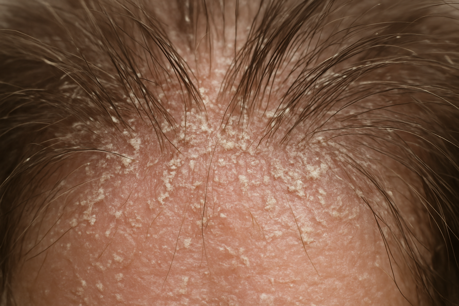 Create a realistic image of a close-up view of an unhealthy scalp with visible issues like dryness, flakiness, and buildup around hair roots, showing damaged hair follicles and poor scalp condition with dull, brittle hair strands emerging from an irritated scalp surface, captured with natural lighting that emphasizes the texture and condition of the scalp and hair roots, set against a neutral background that focuses attention on the scalp health issues, absolutely NO text should be in the scene.