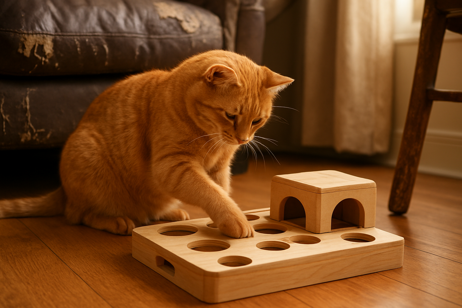 Create a realistic image of a content orange tabby cat playing with a wooden maze puzzle toy on a living room floor, with scratched furniture including a torn leather sofa and damaged wooden chair leg visible in the blurred background, showing the contrast between destructive behavior and constructive play, warm natural lighting from a nearby window, cozy indoor setting with hardwood floors, the wooden maze toy featuring multiple levels and hiding spots for treats, absolutely NO text should be in the scene.