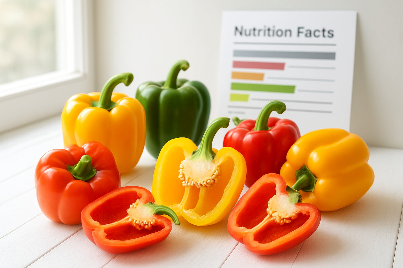Create a realistic image of colorful fresh bell peppers in red, yellow, green, and orange varieties arranged on a clean white wooden table surface, with some peppers cut in half showing their interior and seeds, alongside a nutrition facts chart or infographic visible in the background, bright natural lighting from a window creating soft shadows, clean and fresh kitchen environment suggesting healthy eating and nutritional awareness, Absolutely NO text should be in the scene.