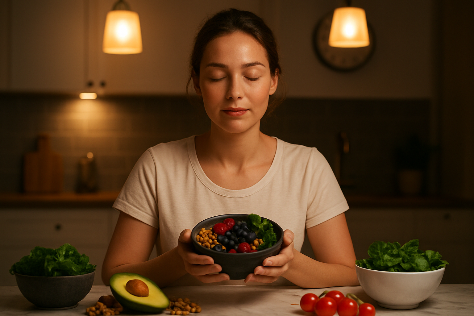 Create a realistic image of a peaceful nighttime scene featuring a white female in her 30s with glowing, radiant skin sitting at a modern kitchen counter, gently holding a small bowl containing colorful anti-aging foods like berries, nuts, and leafy greens, with soft warm lighting from pendant lights creating a cozy atmosphere, a clock showing evening time visible in the background, and fresh ingredients artfully arranged on the marble countertop, conveying a sense of wellness and beauty routine completion, absolutely NO text should be in the scene.