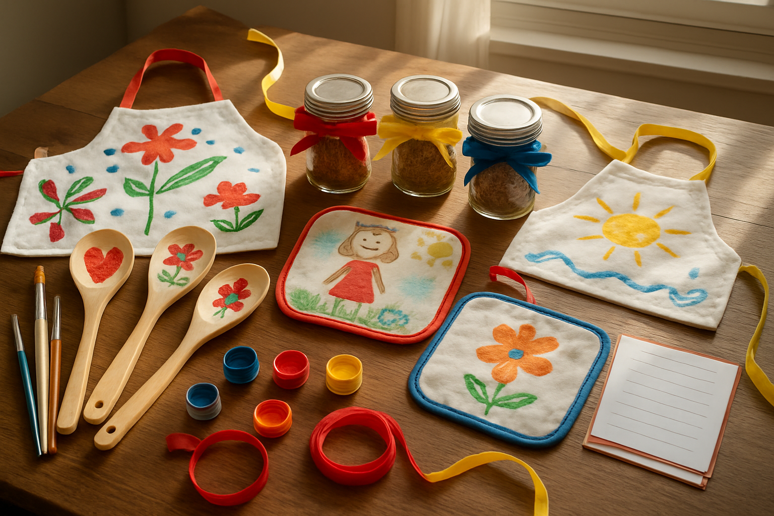 Create a realistic image of handmade kitchen gifts crafted by children arranged on a wooden table, including painted wooden spoons with colorful hearts and flowers, decorated pot holders with child-like drawings, small mason jars with ribbons containing homemade spice mixes, hand-painted aprons with bright patterns, and personalized recipe cards, surrounded by craft supplies like paintbrushes, colorful paints, and ribbons, with warm natural lighting from a nearby window creating a cozy domestic atmosphere, absolutely NO text should be in the scene.