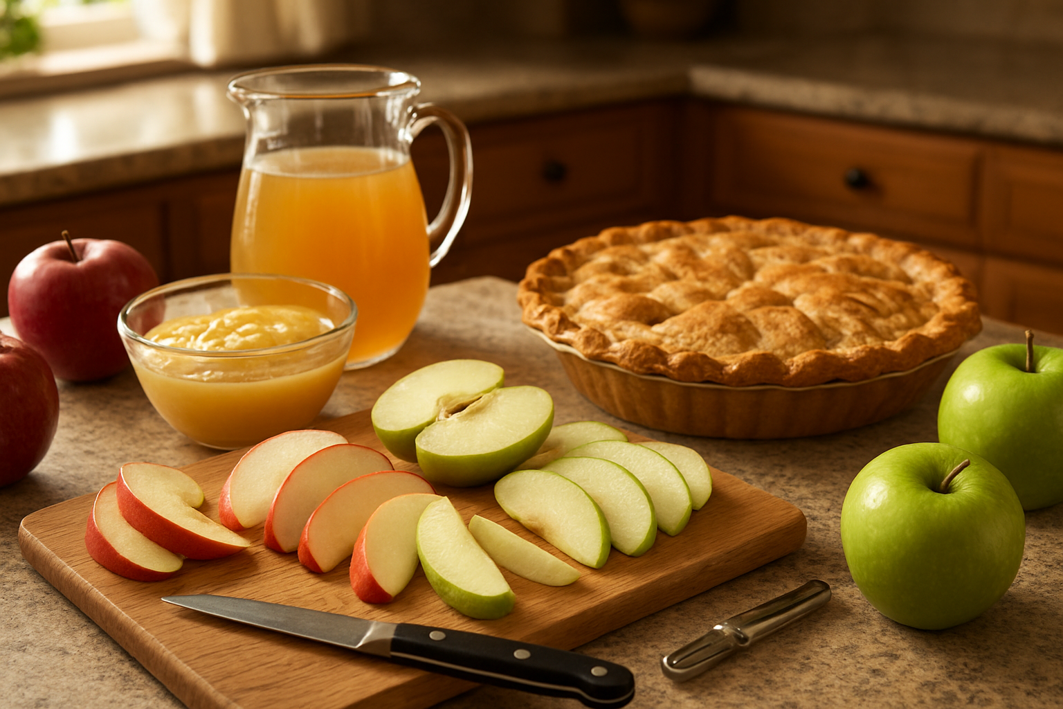 Create a realistic image of a kitchen counter with various apple preparations including sliced red and green apples on a wooden cutting board, a glass bowl of apple sauce, a freshly baked apple pie with golden crust, apple juice in a clear pitcher, and whole apples scattered around, with kitchen utensils like a sharp knife and peeler nearby, warm natural lighting from a window, cozy home kitchen atmosphere with wooden cabinets in the background, absolutely NO text should be in the scene.