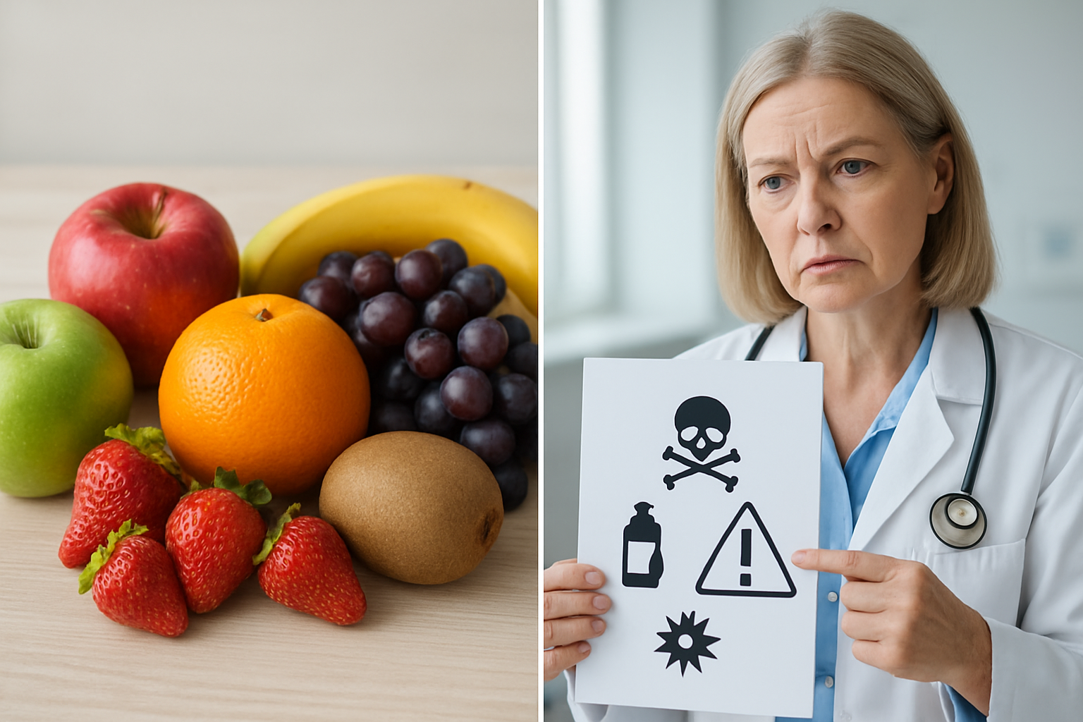 Create a realistic image of a split-screen composition showing healthy fresh fruits on one side and a concerned middle-aged white female doctor or healthcare professional on the other side pointing to a medical chart or diagram showing health warning symbols, with a clean medical office background, soft clinical lighting, and a serious but informative mood that conveys the health risks of chemical exposure from fruits, absolutely NO text should be in the scene.