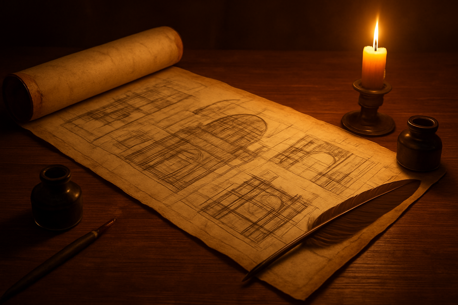Create a realistic image of an open ancient scroll or parchment with detailed architectural blueprints drawn on it, showing intricate plans and diagrams, placed on a wooden table with warm candlelight illuminating the document, surrounded by ancient writing tools like quills and ink wells, with soft golden lighting creating a scholarly and reverent atmosphere, absolutely NO text should be in the scene.