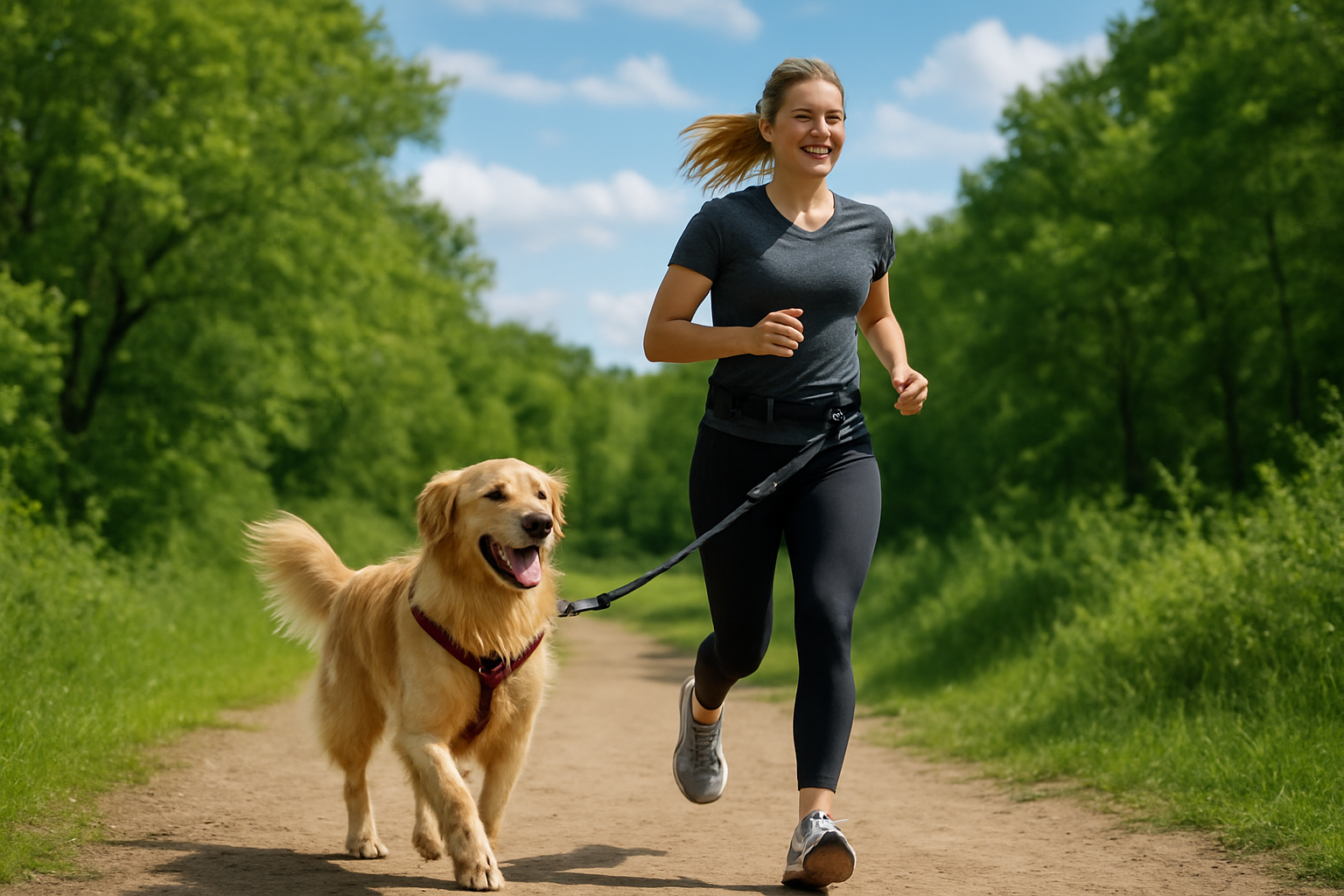 Create a realistic image of a white female dog owner in athletic wear jogging on a scenic trail with her energetic golden retriever running alongside her, both appearing happy and active, with the woman holding a modern hands-free dog leash system, surrounded by lush green trees and a partly cloudy blue sky, natural daylight lighting creating a vibrant and dynamic outdoor scene that conveys freedom and convenience for busy pet owners. Absolutely NO text should be in the scene.