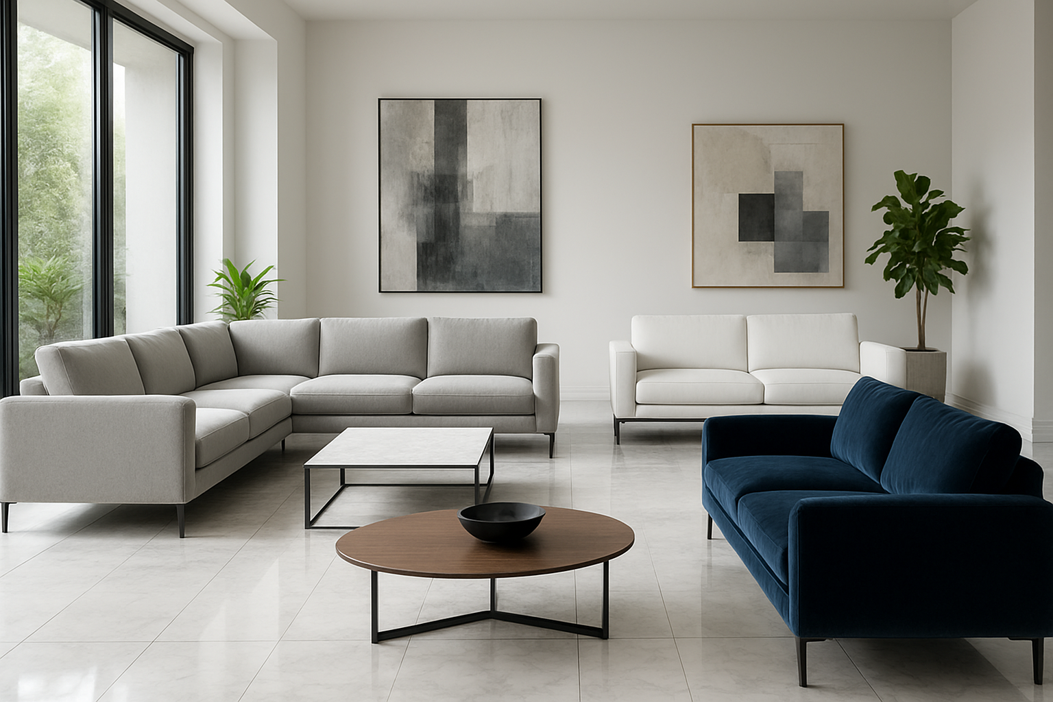 Create a realistic image of a luxurious modern living room showcasing the latest 2024 contemporary sofa designs, featuring multiple sleek sofas in different styles including a large sectional sofa in neutral gray fabric, a minimalist white leather sofa, and a bold navy blue velvet sofa, all arranged in an upscale interior setting with clean lines, polished marble floors, large windows with natural lighting, modern coffee tables, abstract artwork on white walls, and potted plants as decorative elements, captured in bright daylight with professional interior photography lighting, absolutely NO text should be in the scene.