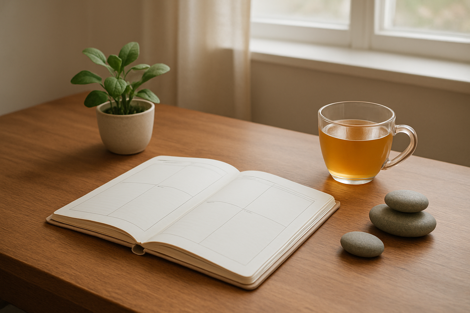 Create a realistic image of a serene home workspace showing a wooden desk with a daily planner open displaying weekly routines, a small potted plant, a cup of herbal tea, and meditation stones arranged neatly, with soft natural lighting streaming through a window in the background, conveying a sense of organized calm and sustainable wellness practices, absolutely NO text should be in the scene.