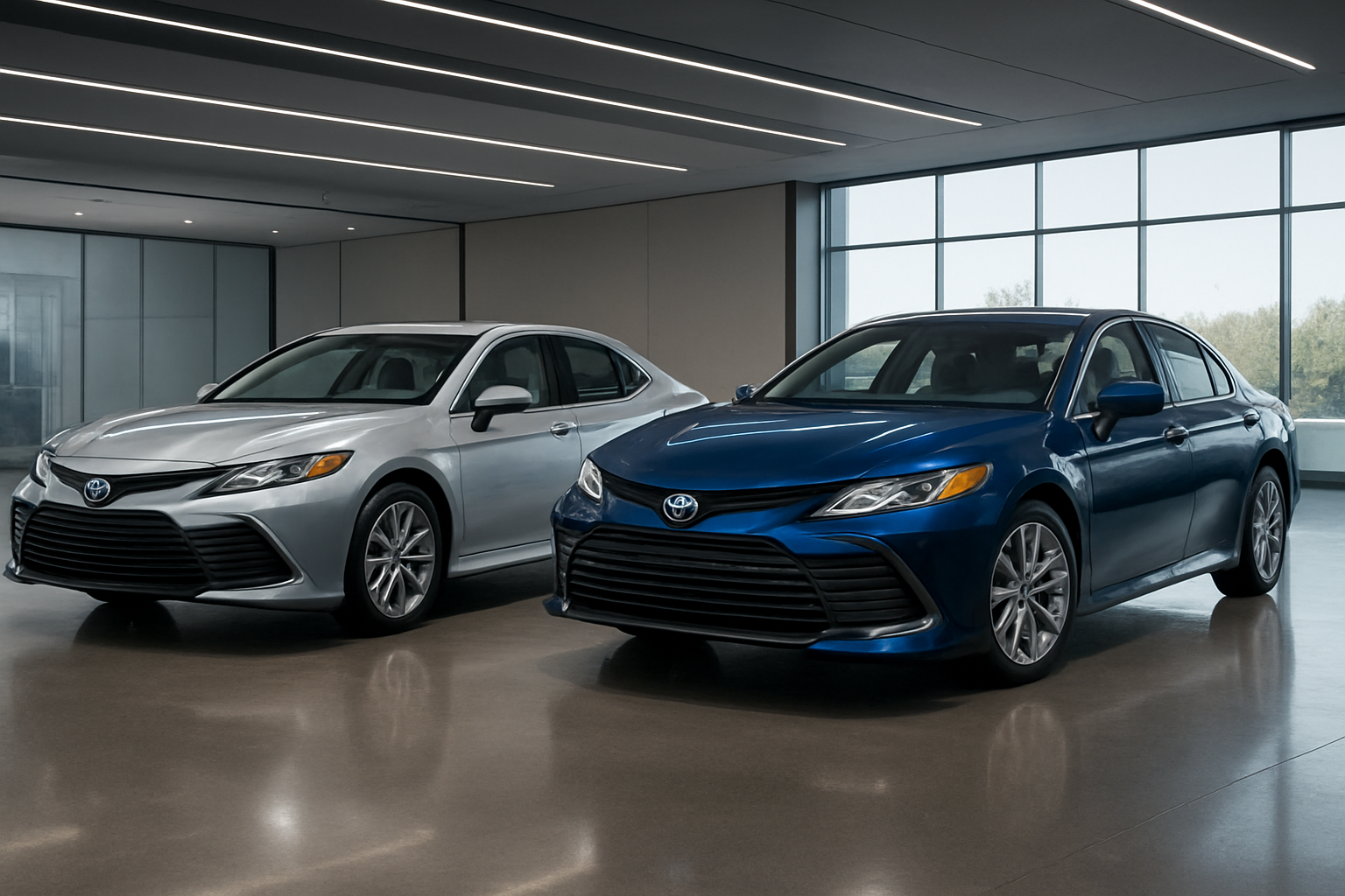 Create a realistic image of two 2024 Toyota Camry Hybrid sedans positioned side by side in a modern showroom setting, one in metallic silver and one in deep blue, with sleek LED lighting highlighting their updated front grilles and headlight designs, polished concrete floors reflecting the vehicles, large glass windows in the background showing a bright daylight scene, clean minimalist showroom environment with subtle automotive dealership atmosphere, professional automotive photography lighting that emphasizes the cars' refined styling and hybrid badge details, absolutely NO text should be in the scene.