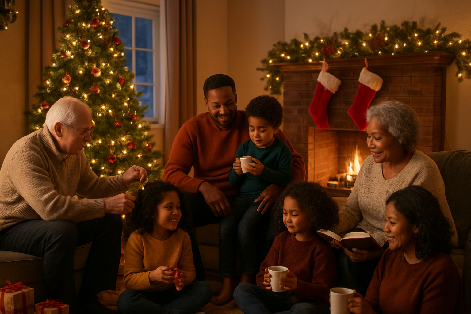 Create a realistic image of a cozy living room during Christmas time with a diverse multi-generational family gathered around a beautifully decorated Christmas tree, including white elderly grandparents, black middle-aged parents, and mixed-race children of various ages sitting together on a comfortable sofa and floor, engaging in holiday activities like hanging ornaments, reading Christmas stories, and sharing hot cocoa, with warm golden lighting from the fireplace and twinkling Christmas lights creating an intimate atmosphere, festive decorations throughout the room including stockings on the mantle, wrapped presents under the tree, and holiday garlands, capturing the essence of togetherness and joy during meaningful family traditions, absolutely NO text should be in the scene.