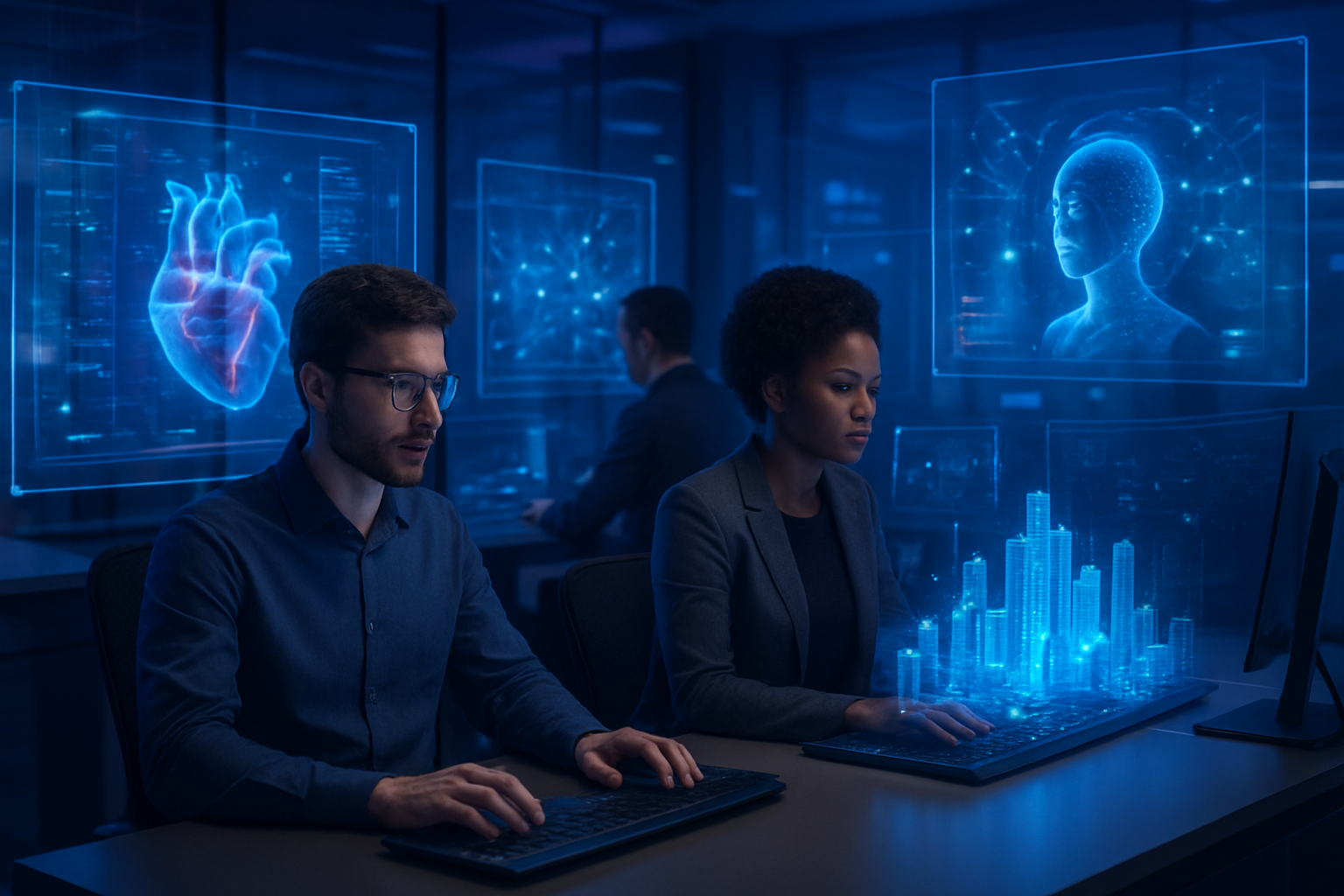 Create a realistic image of a futuristic control room with multiple holographic displays showing 3D digital twin models of a human heart, a smart city with glowing buildings, and a rotating customer avatar, with a diverse team of professionals including a white male data scientist and a black female engineer working at advanced computer workstations, surrounded by floating transparent screens displaying real-time data visualizations and neural network patterns, set in a modern high-tech environment with blue and purple ambient lighting creating a sophisticated technological atmosphere, absolutely NO text should be in the scene.