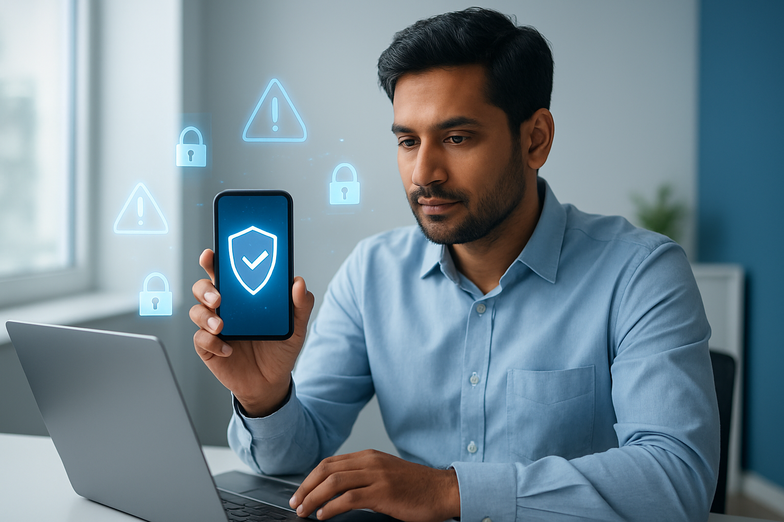 Create a realistic image of a South Asian male in his 30s sitting at a modern desk with a smartphone displaying a security shield icon on the screen, surrounded by floating digital elements like warning triangles, padlock symbols, and checkmark icons, with a laptop showing cybersecurity graphics in the background, soft natural lighting from a window, clean modern office environment with white and blue color scheme creating a trustworthy and secure atmosphere, absolutely NO text should be in the scene.