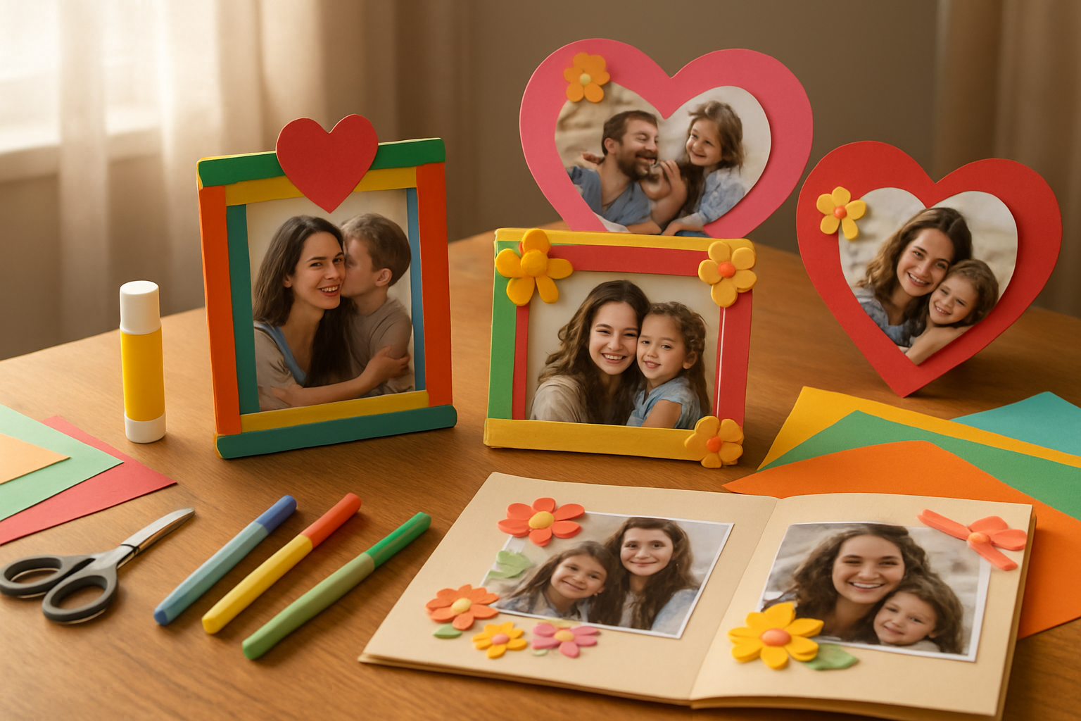 Create a realistic image of a cozy indoor craft table scene featuring handmade photo crafts for Mother's Day, including decorated picture frames made from colorful construction paper and popsicle sticks, photo collages with family pictures arranged on heart-shaped backgrounds, and simple scrapbook pages with printed photos surrounded by paper flowers and ribbons, with craft supplies like scissors, glue sticks, markers, and colorful paper scattered around the wooden table surface, soft natural lighting from a nearby window creating a warm and creative atmosphere, absolutely NO text should be in the scene.
