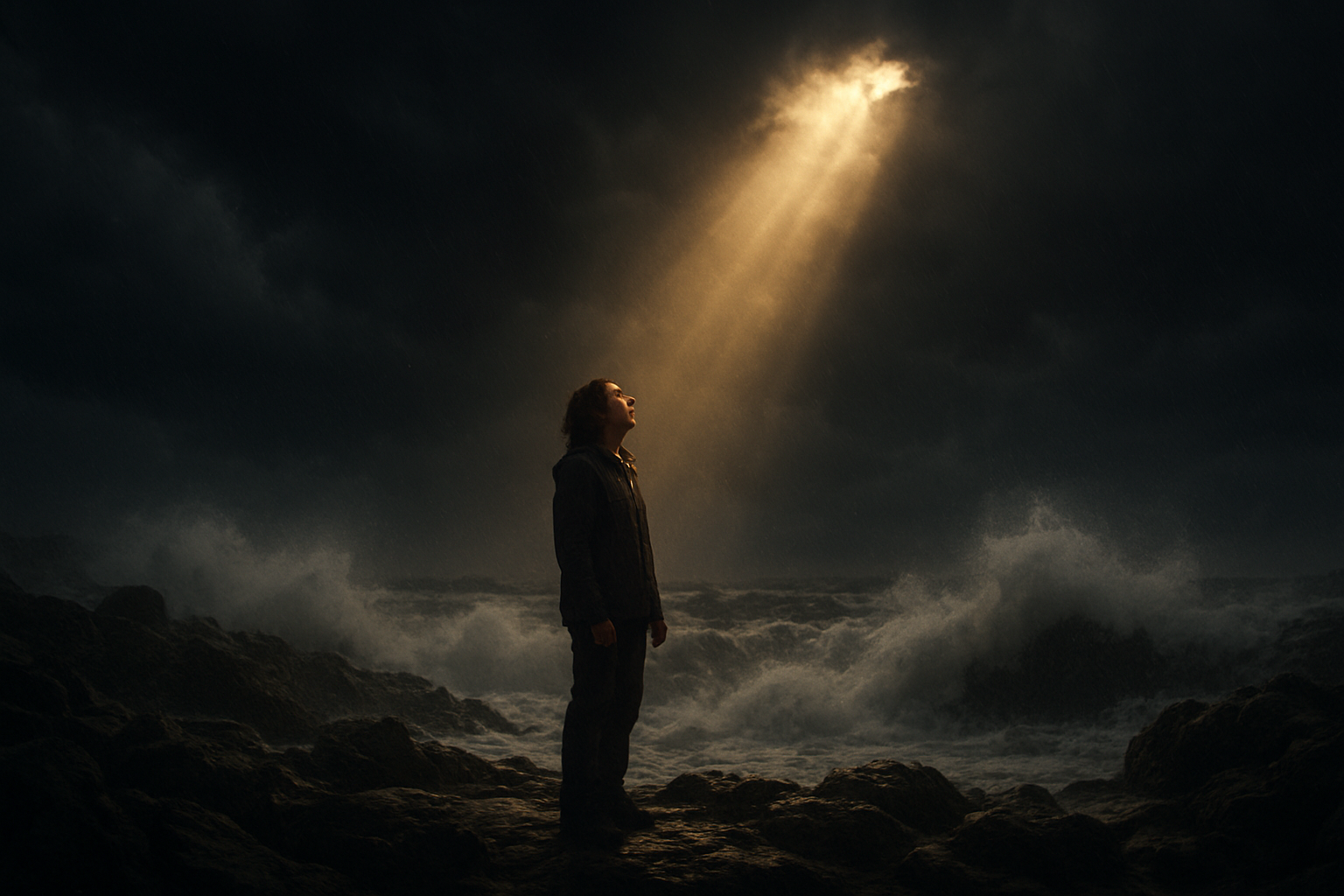 Create a realistic image of a person standing on a rocky shore during a turbulent storm, with dark storm clouds overhead and large waves crashing against the rocks, while a single beam of golden sunlight breaks through the clouds illuminating the person from above, creating a sense of hope and divine presence amidst the chaos, with the person looking upward toward the light with a peaceful expression, surrounded by dramatic lighting that contrasts the dark stormy atmosphere with the warm divine light, absolutely NO text should be in the scene.