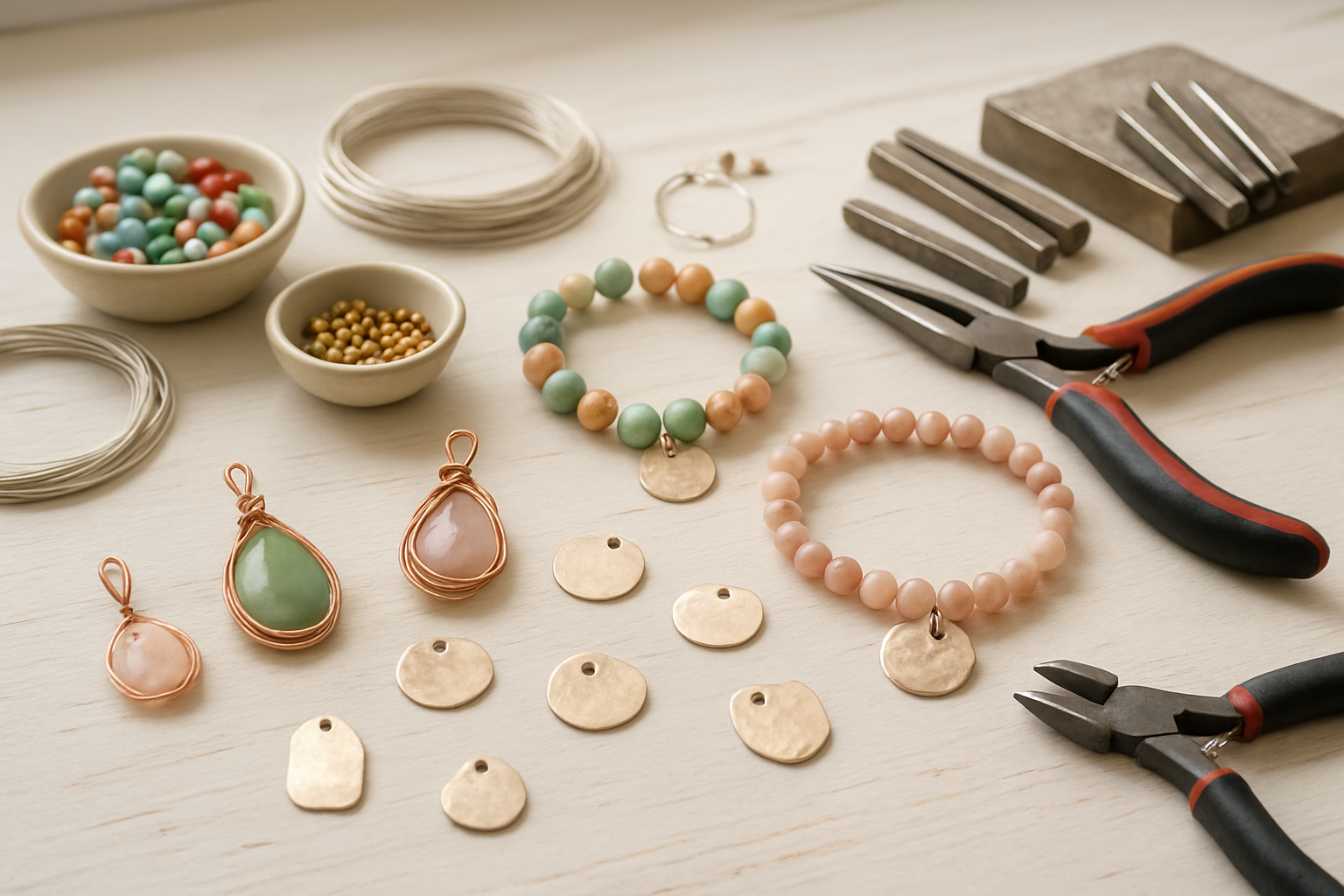Create a realistic image of a crafting workspace showing handmade personalized jewelry pieces including wire-wrapped pendants, beaded bracelets, and stamped metal charms scattered on a white wooden table, with simple jewelry-making tools like pliers, wire cutters, and metal stamps nearby, colorful beads in small bowls, thin crafting wire coils, and small metal blanks, soft natural lighting from a window creating gentle shadows, warm and inviting crafting atmosphere perfect for DIY Mother's Day gifts, absolutely NO text should be in the scene.