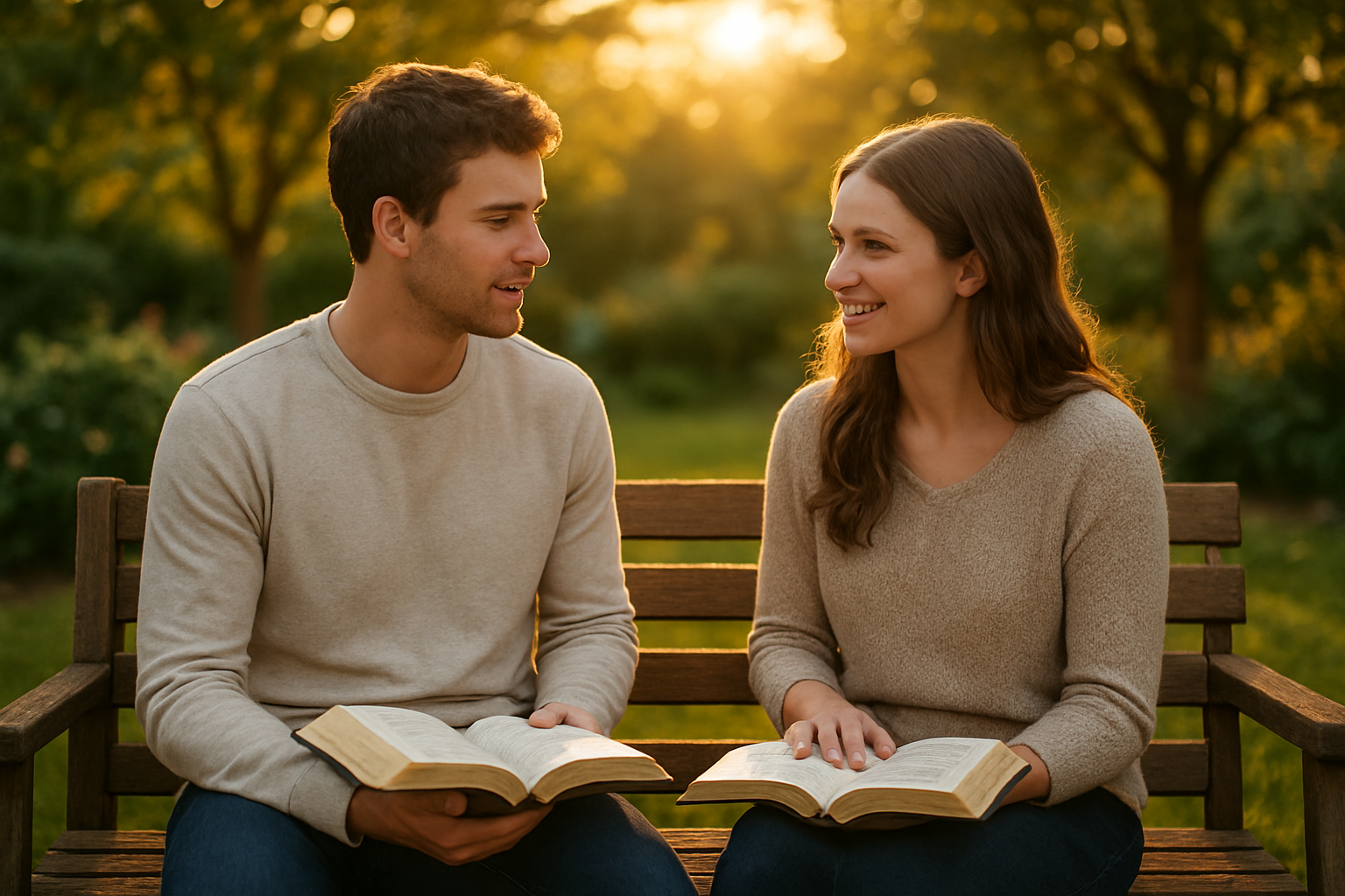 Create a realistic image of a young white male and white female couple sitting together on a wooden park bench in a peaceful garden setting, both holding open Bibles and engaged in gentle conversation, with warm golden hour sunlight filtering through trees in the background, creating a serene and spiritual atmosphere that conveys faith, intentionality, and Christ-centered relationship building, with soft natural lighting and a sense of peaceful communion, absolutely NO text should be in the scene.