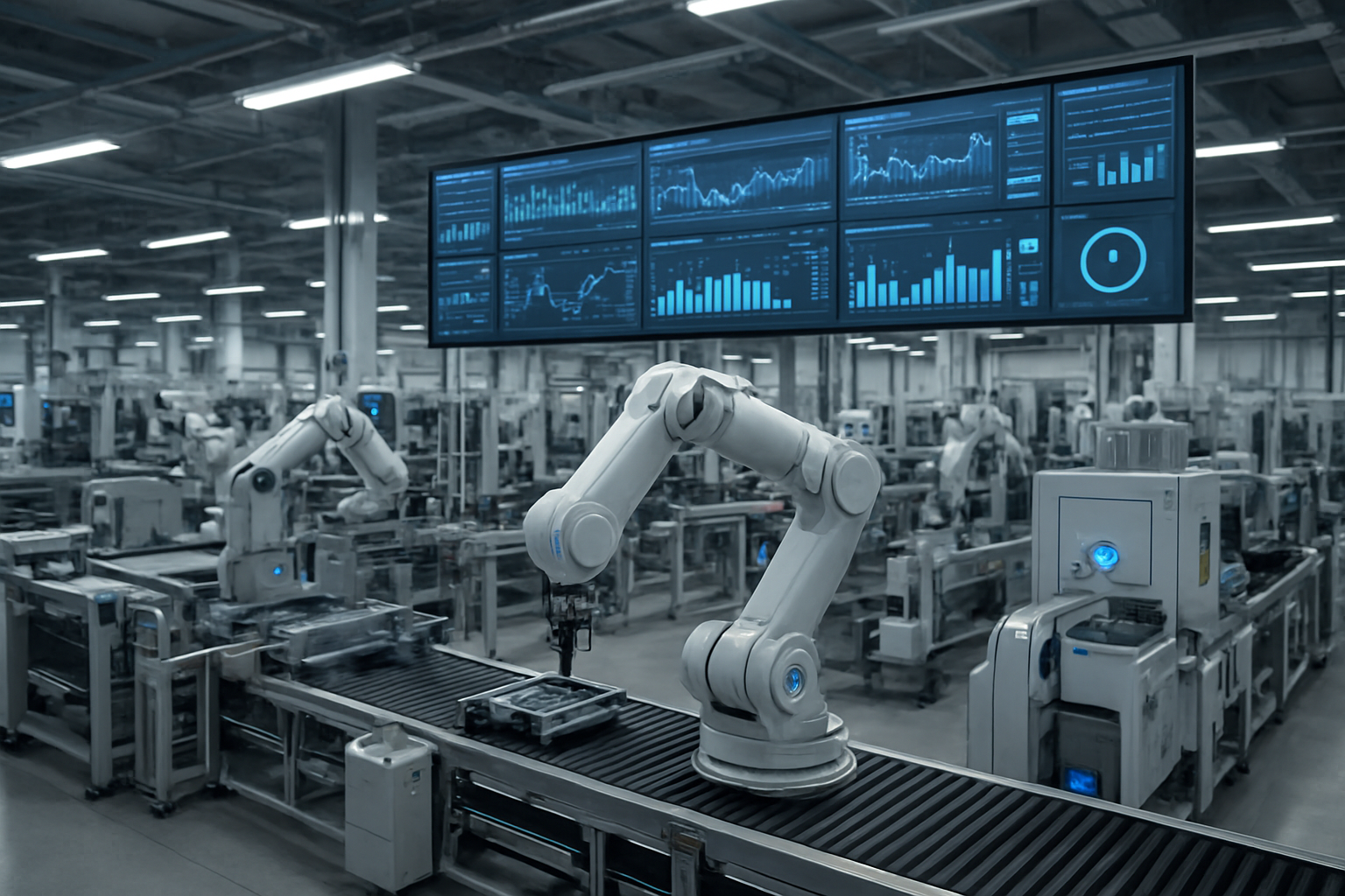 Create a realistic image of a modern industrial factory floor with smart manufacturing equipment and robotic assembly lines seamlessly integrated with digital monitoring systems, featuring large wall-mounted dashboards displaying real-time analytics graphs and performance metrics, conveying an atmosphere of technological advancement and operational efficiency through bright LED lighting and a clean, organized environment with visible IoT sensors and connectivity indicators on machinery, while maintaining a professional industrial setting that demonstrates optimized workflow and data-driven operations. Absolutely NO text should be in the scene.