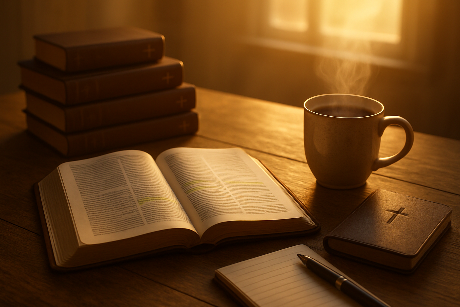 Create a realistic image of an open devotional book with highlighted passages lying on a wooden table next to a steaming coffee cup, surrounded by other Christian books with visible crosses on their spines, a leather-bound Bible, a notebook with a pen, and soft morning sunlight streaming through a nearby window creating warm golden lighting across the peaceful reading scene. Absolutely NO text should be in the scene.
