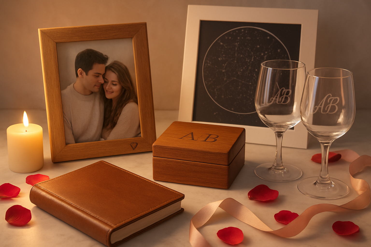 Create a realistic image of an elegant collection of personalized Valentine's keepsakes arranged on a soft white marble surface, including a custom photo frame with heart engravings, a personalized jewelry box with initials, engraved wine glasses, a custom star map, and a leather-bound photo album, surrounded by romantic elements like rose petals, soft pink ribbons, and warm candlelight creating a dreamy atmosphere with gentle shadows and golden lighting, shot from a slightly elevated angle to showcase the thoughtful arrangement, absolutely NO text should be in the scene.