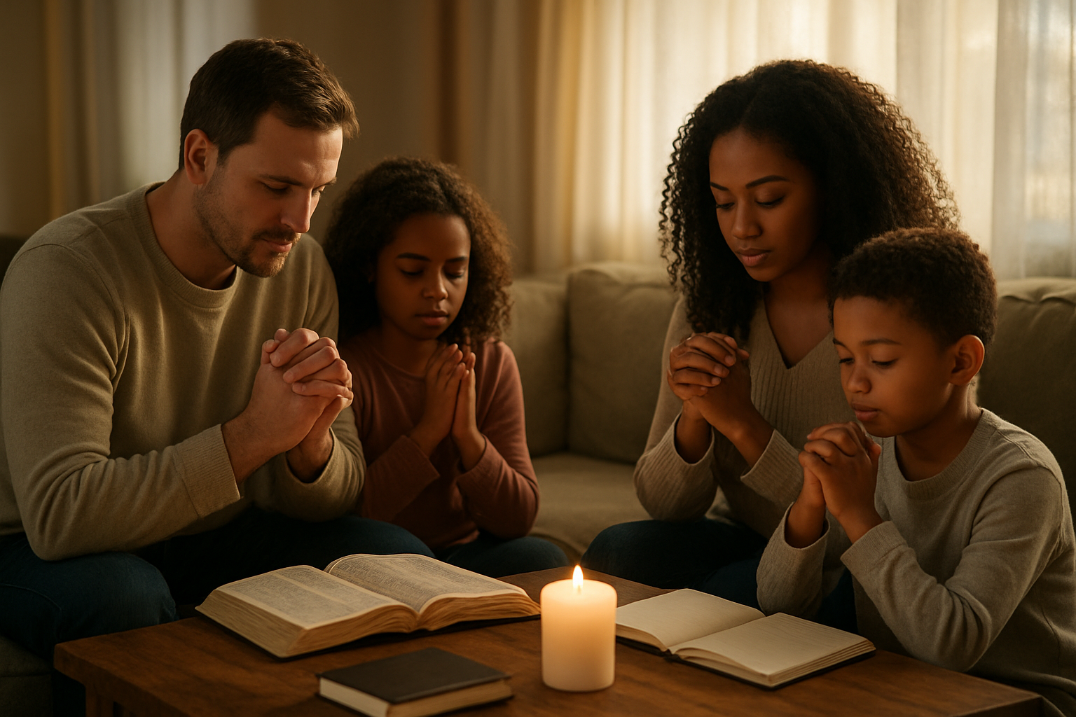 Create a realistic image of a diverse family of four - a white father, black mother, and two mixed-race children - sitting together in a cozy living room around a wooden coffee table with an open Bible, prayer journals, and soft candlelight, heads bowed in prayer during early morning hours with gentle sunlight streaming through sheer curtains, creating a peaceful and sacred atmosphere that conveys spiritual devotion and family unity, absolutely NO text should be in the scene.
