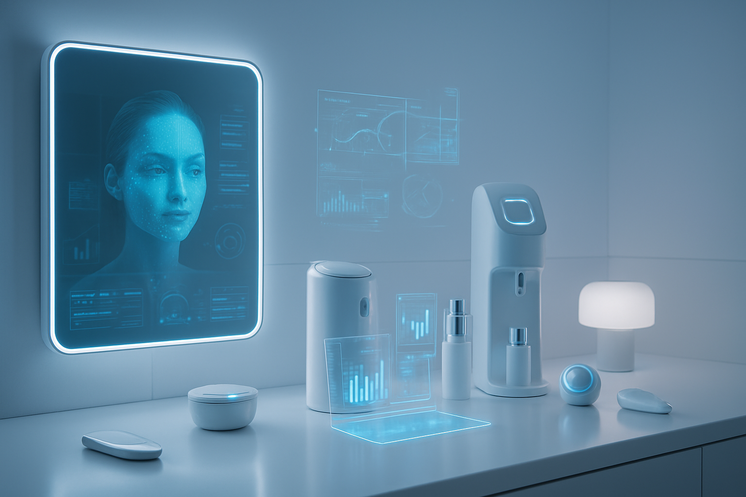 Create a realistic image of a modern beauty and skincare setup showcasing AI technology benefits, featuring sleek digital devices like smart mirrors with glowing blue interfaces, high-tech skincare analyzers, automated dispensers with personalized serums and creams, holographic data visualizations floating in the air showing skin analysis results, a clean minimalist white laboratory-style background with soft LED lighting, futuristic beauty tools and sensors arranged on a pristine countertop, gentle blue and white ambient lighting creating a sophisticated technological atmosphere, absolutely NO text should be in the scene.