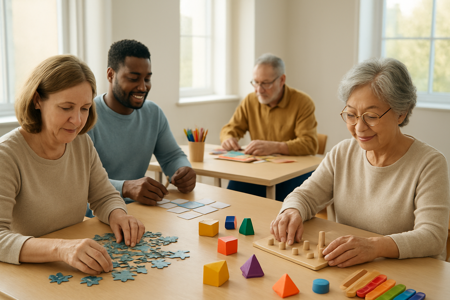 Create a realistic image of a diverse group of adults engaged in brain training activities in a bright, modern learning environment, featuring a middle-aged white female doing a puzzle, a young black male practicing with memory cards, and an elderly Asian woman participating in a tactile sensory exercise, with soft natural lighting streaming through large windows, surrounded by colorful brain-stimulating objects like geometric shapes, musical instruments, and art supplies scattered on clean wooden tables, creating an inspiring and focused atmosphere that conveys mental enhancement and cognitive growth, with warm neutral tones and a sense of accomplishment and progress, absolutely NO text should be in the scene.
