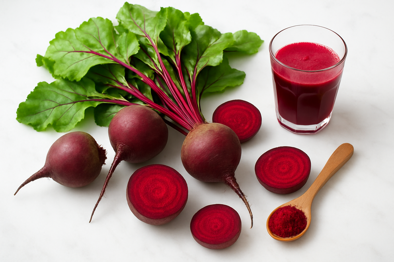 Create a realistic image of fresh beetroots arranged on a clean white marble surface with some cut in half to show the deep red interior, accompanied by vibrant green beetroot leaves, surrounded by subtle visual elements suggesting health benefits like a wooden spoon with beetroot powder, a glass of fresh beetroot juice, and soft natural lighting from above creating gentle shadows, with a clean minimalist background that emphasizes the natural beauty and nutritional value of the beetroots, absolutely NO text should be in the scene.