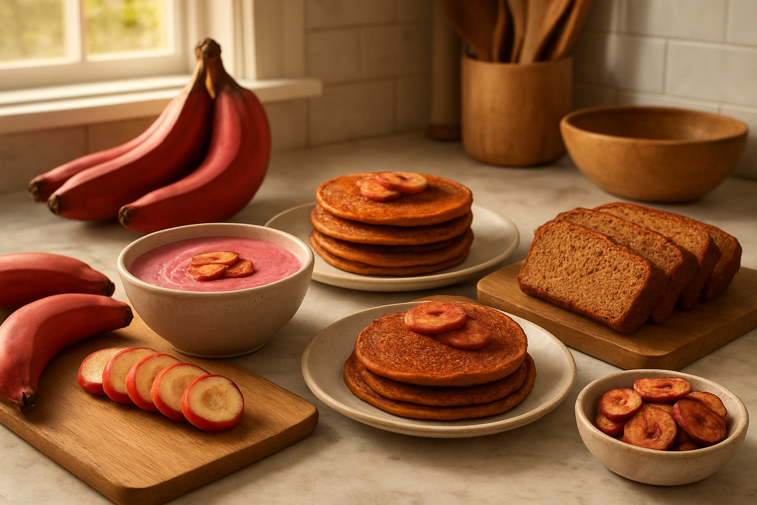 Create a realistic image of a kitchen countertop scene featuring red bananas being transformed into various delicious meals and snacks, including red banana slices on a wooden cutting board, a bowl of red banana smoothie, red banana pancakes on a plate, red banana bread slices, and red banana chips in a small dish, with fresh whole red bananas scattered around, warm natural lighting streaming through a window, cozy home kitchen atmosphere with marble countertops and wooden utensils, absolutely NO text should be in the scene.