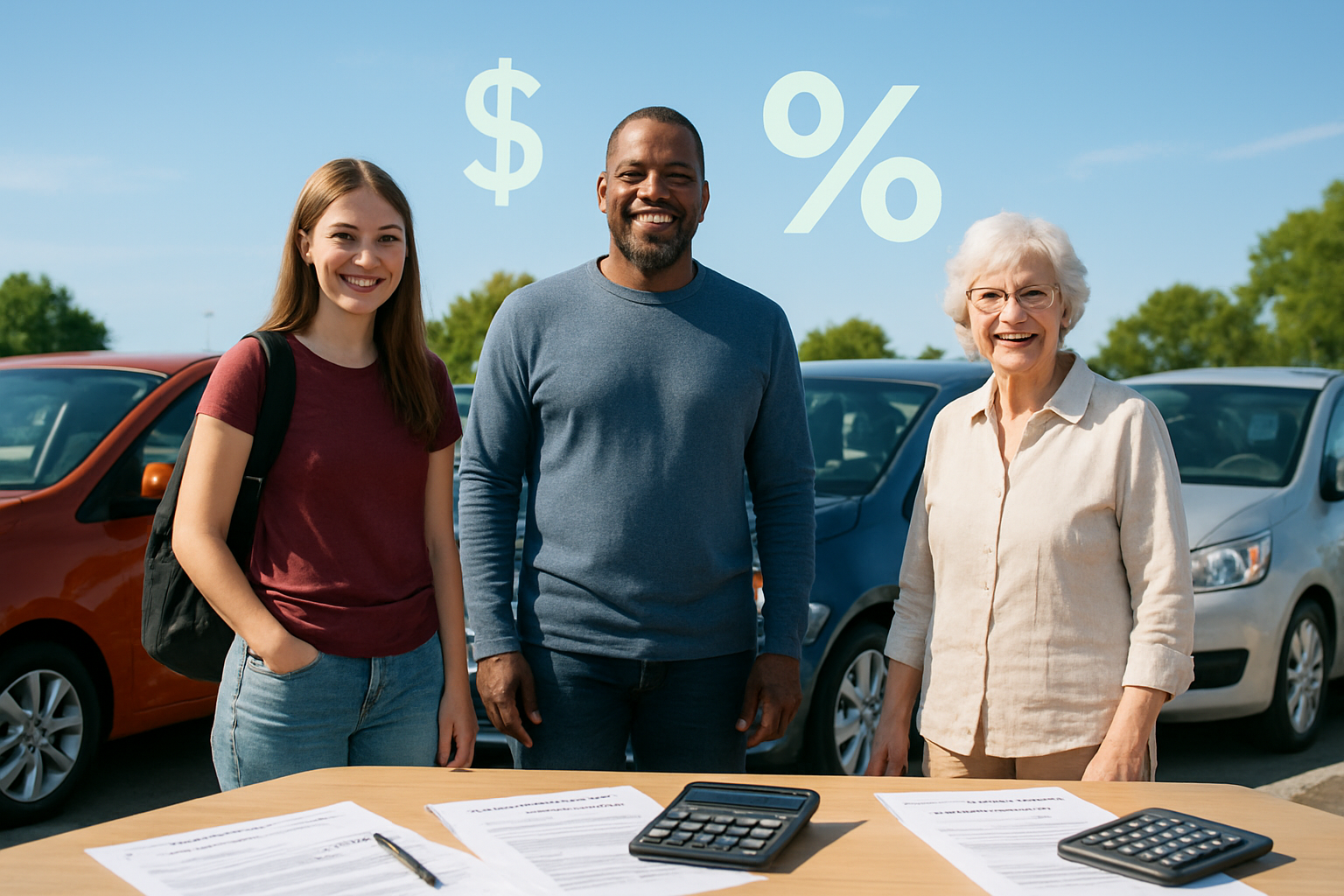 Create a realistic image of a diverse group of budget-conscious drivers including a young white female college student, a middle-aged black male, and an elderly white woman standing near affordable compact cars in a parking lot, with visible dollar signs and percentage symbols floating above to represent savings and discounts, surrounded by insurance policy documents and calculators scattered on a nearby table, set against a bright daylight background with clear blue sky, conveying a mood of financial relief and smart decision-making, absolutely NO text should be in the scene.