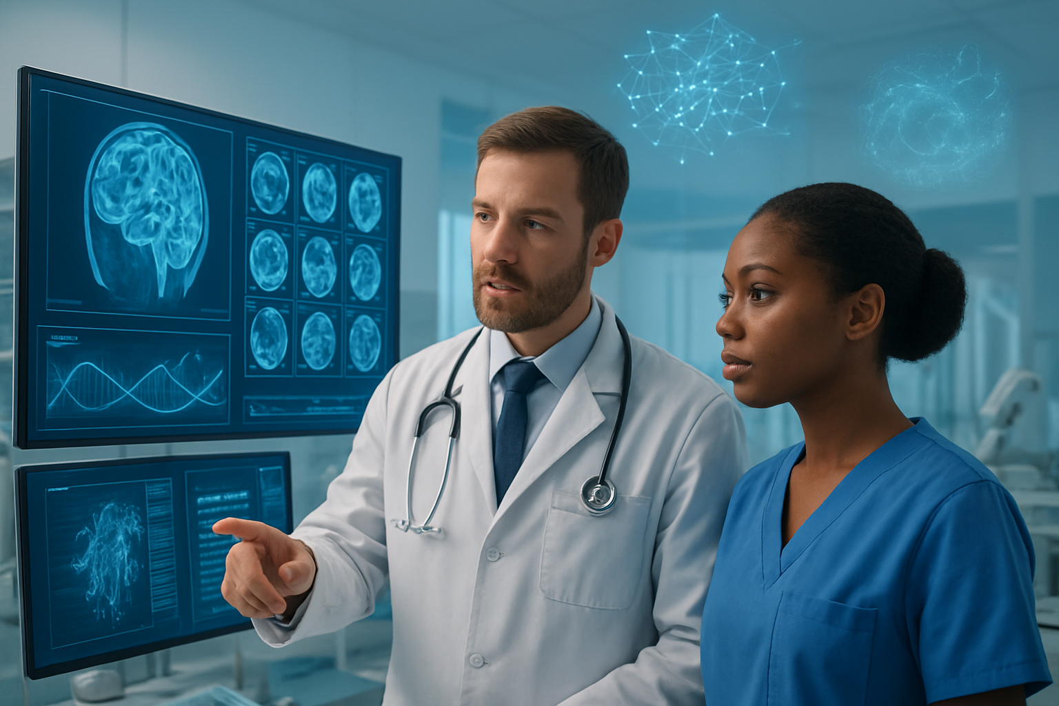 Create a realistic image of a modern healthcare setting showing the intersection of artificial intelligence and medical care, featuring a diverse medical team including a white male doctor and a black female nurse examining digital health data on multiple screens displaying brain scans, DNA sequences, and medical algorithms, with futuristic holographic displays showing AI neural networks and generative patterns floating above high-tech medical equipment, set in a bright, clean hospital environment with soft blue and white lighting that conveys innovation and trust, absolutely NO text should be in the scene.