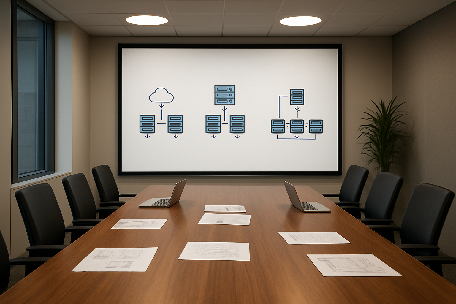Create a realistic image of a modern office conference room with a large white presentation screen displaying three distinct architectural diagrams showing proxy, reverse proxy, and load balancer configurations with servers, arrows, and network components, a polished wooden conference table with scattered technical documents and laptops, professional lighting with warm overhead lights, and a clean corporate environment suggesting important technology decision-making, absolutely NO text should be in the scene.