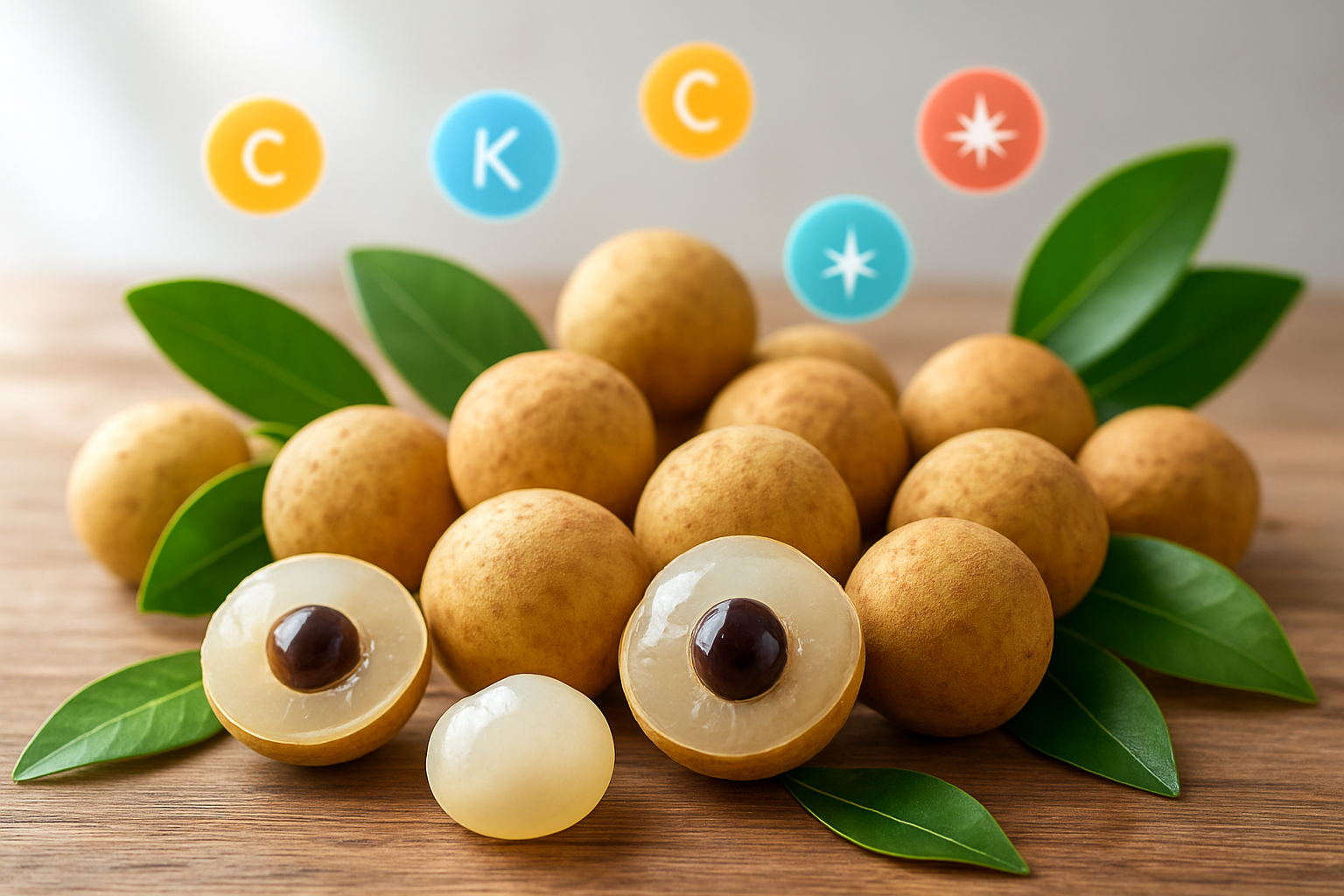 Create a realistic image of fresh longan fruits arranged on a wooden surface with some fruits peeled to reveal their translucent white flesh and dark seed inside, scattered around vibrant green longan leaves, with colorful vitamin and mineral icons floating subtly above the fruits including vitamin C symbols, potassium indicators, and antioxidant representations, set against a clean bright background with soft natural lighting that highlights the juicy texture of the fruit, absolutely NO text should be in the scene.
