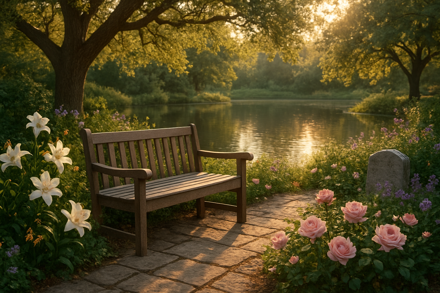 Create a realistic image of a serene memorial garden setting with a wooden bench facing a peaceful pond surrounded by blooming flowers including white lilies and soft pink roses, with gentle sunlight filtering through mature oak trees creating dappled shadows on a stone pathway, butterflies floating gracefully near the flowers, and a small stone memorial or remembrance stone partially visible among the garden plantings, conveying a sense of peace, remembrance, and healing in warm golden hour lighting, absolutely NO text should be in the scene.
