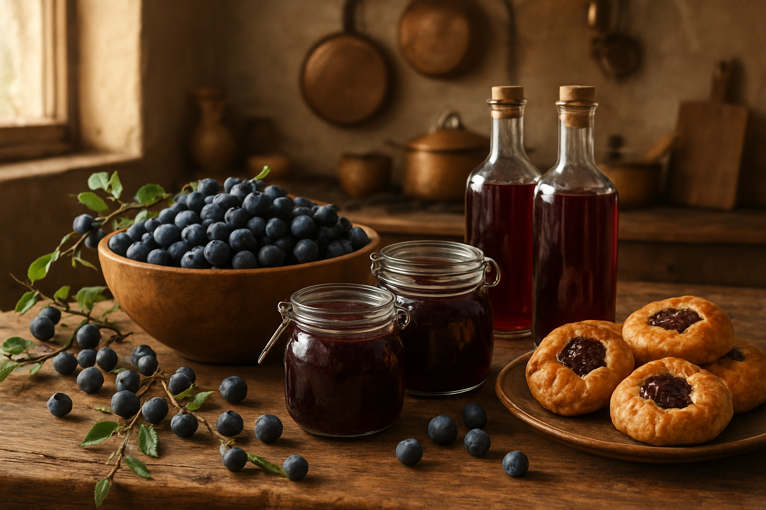 Create a realistic image of a rustic kitchen scene featuring fresh blackthorn berries in a wooden bowl alongside traditional culinary preparations including blackthorn jam in glass jars, freshly baked pastries with dark berry filling, and sloe gin in vintage bottles, arranged on a weathered wooden table with scattered blackthorn branches bearing small dark purple berries, warm natural lighting from a window, cozy countryside kitchen atmosphere with copper pots and traditional cooking utensils in the background, absolutely NO text should be in the scene.
