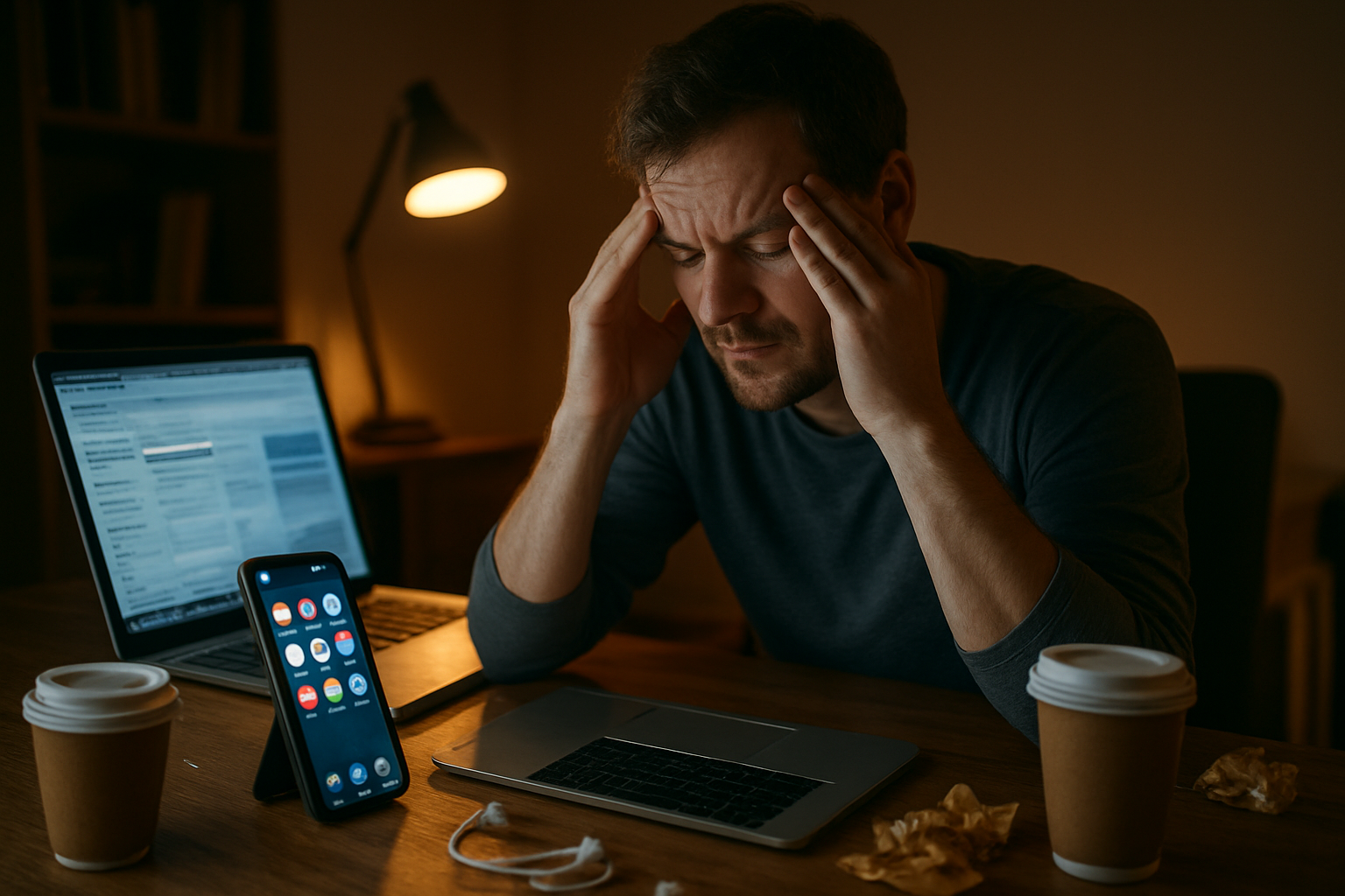 Create a realistic image of a cluttered desk scene showing multiple glowing digital devices including a smartphone with numerous notification bubbles, a laptop with multiple browser tabs open, a tablet displaying social media feeds, and scattered earbuds, with a tired-looking white male in his 30s sitting behind the desk rubbing his temples in exhaustion, surrounded by empty coffee cups and snack wrappers, in a dimly lit home office with warm artificial lighting creating a sense of digital overwhelm and mental fatigue, absolutely NO text should be in the scene.