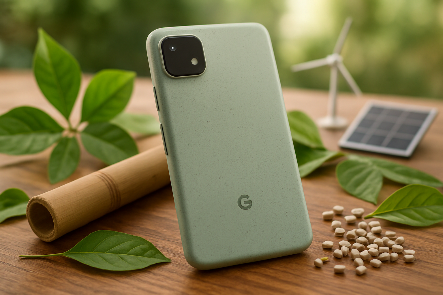 Create a realistic image of a sleek Google Pixel smartphone with eco-friendly design elements, surrounded by green leaves and recycled materials like bamboo and recycled plastic components, placed on a wooden surface with soft natural lighting filtering through, showcasing sustainable technology with a clean modern aesthetic, complemented by small solar panels and wind turbines visible in the blurred background, conveying innovation and environmental responsibility, absolutely NO text should be in the scene.