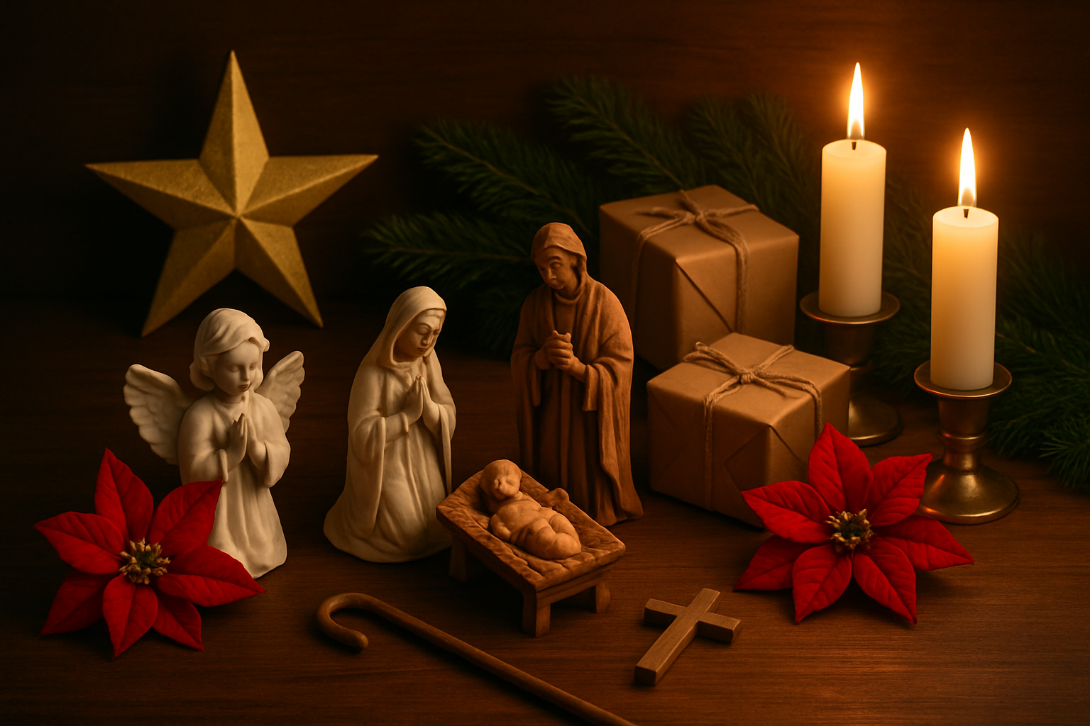 Create a realistic image of traditional Christian Christmas symbols arranged on a warm wooden table including a golden star, white angel figurine, wooden nativity scene with baby Jesus in a manger, shepherd's staff, three wrapped gift boxes, evergreen pine branches, red poinsettia flowers, lit white candles in brass holders, and a small wooden cross, with soft golden lighting creating gentle shadows and a peaceful atmosphere, absolutely NO text should be in the scene.