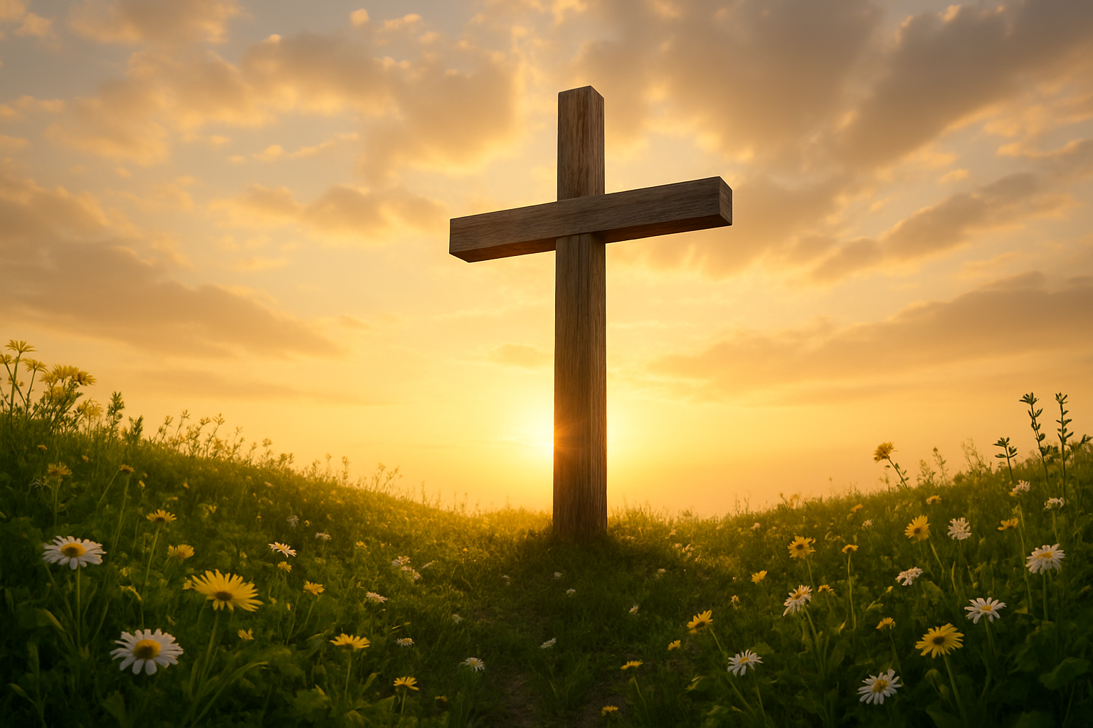 Create a realistic image of an empty wooden cross standing on a grassy hill at dawn with warm golden sunlight breaking through soft clouds in the background, surrounded by blooming spring flowers and green vegetation symbolizing new life and hope, with a peaceful and uplifting atmosphere that conveys transformation and spiritual renewal, shot from a low angle to emphasize the cross against the bright sky, absolutely NO text should be in the scene.