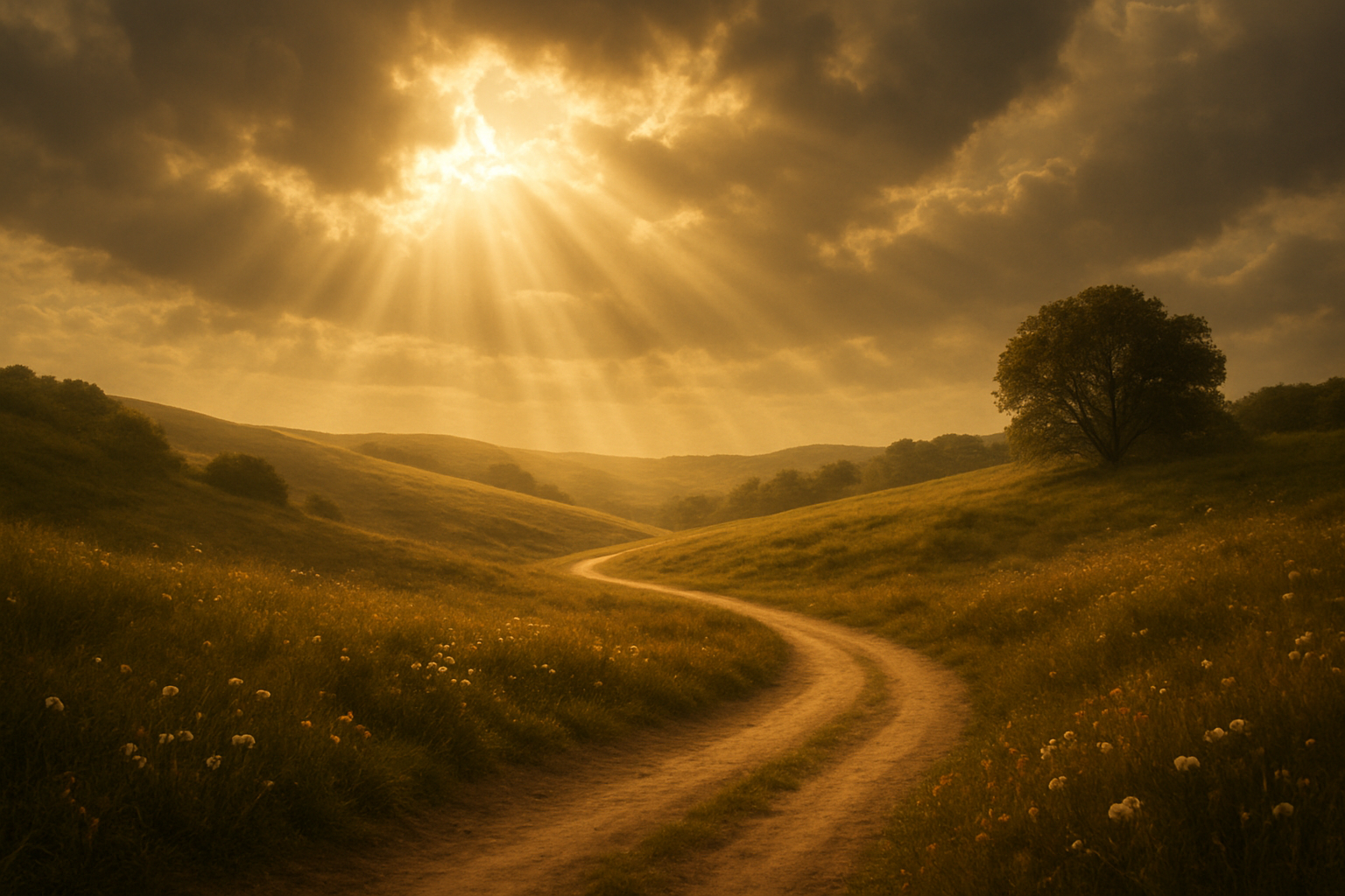 Create a realistic image of a peaceful outdoor scene with soft golden sunlight filtering through clouds, illuminating a winding path through a serene landscape with gentle hills, scattered wildflowers, and an open sky above, featuring subtle divine light rays breaking through the clouds to create an atmosphere of spiritual guidance and calling, with warm earth tones and a tranquil mood that conveys divine presence and direction, absolutely NO text should be in the scene.