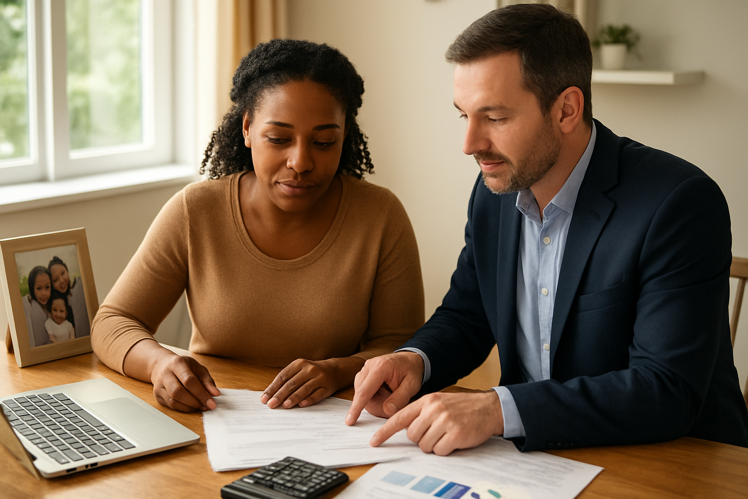 Create a realistic image of a black female mother in her 30s sitting at a wooden desk with financial documents, calculator, and laptop open showing charts, with a white male financial advisor pointing to insurance papers, in a bright modern office setting with family photos on the desk, warm natural lighting from a window, conveying security and planning for the future, absolutely NO text should be in the scene.
