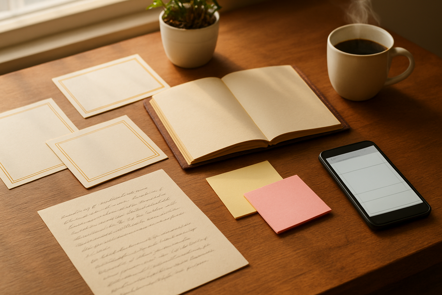 Create a realistic image of various inspirational message formats arranged on a wooden desk including handwritten letters on cream paper, elegant greeting cards with gold borders, a leather-bound journal opened to blank pages, colorful sticky notes, and a smartphone displaying a message template, with soft warm lighting from a nearby window creating gentle shadows, a small potted plant and a steaming coffee cup in the background creating a peaceful creative workspace atmosphere, absolutely NO text should be in the scene.