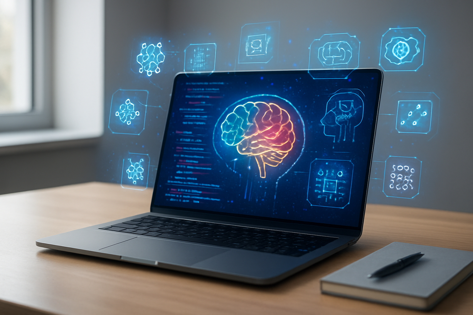 Create a realistic image of a modern workspace featuring a sleek laptop computer displaying colorful AI interface elements and code snippets on the screen, surrounded by floating holographic digital icons representing artificial intelligence such as brain circuits, neural networks, and data nodes, with a clean minimalist desk setup including a notebook and pen, soft natural lighting from a nearby window, creating an innovative and futuristic atmosphere that conveys the concept of capitalizing on AI technology for digital entrepreneurship, absolutely NO text should be in the scene.