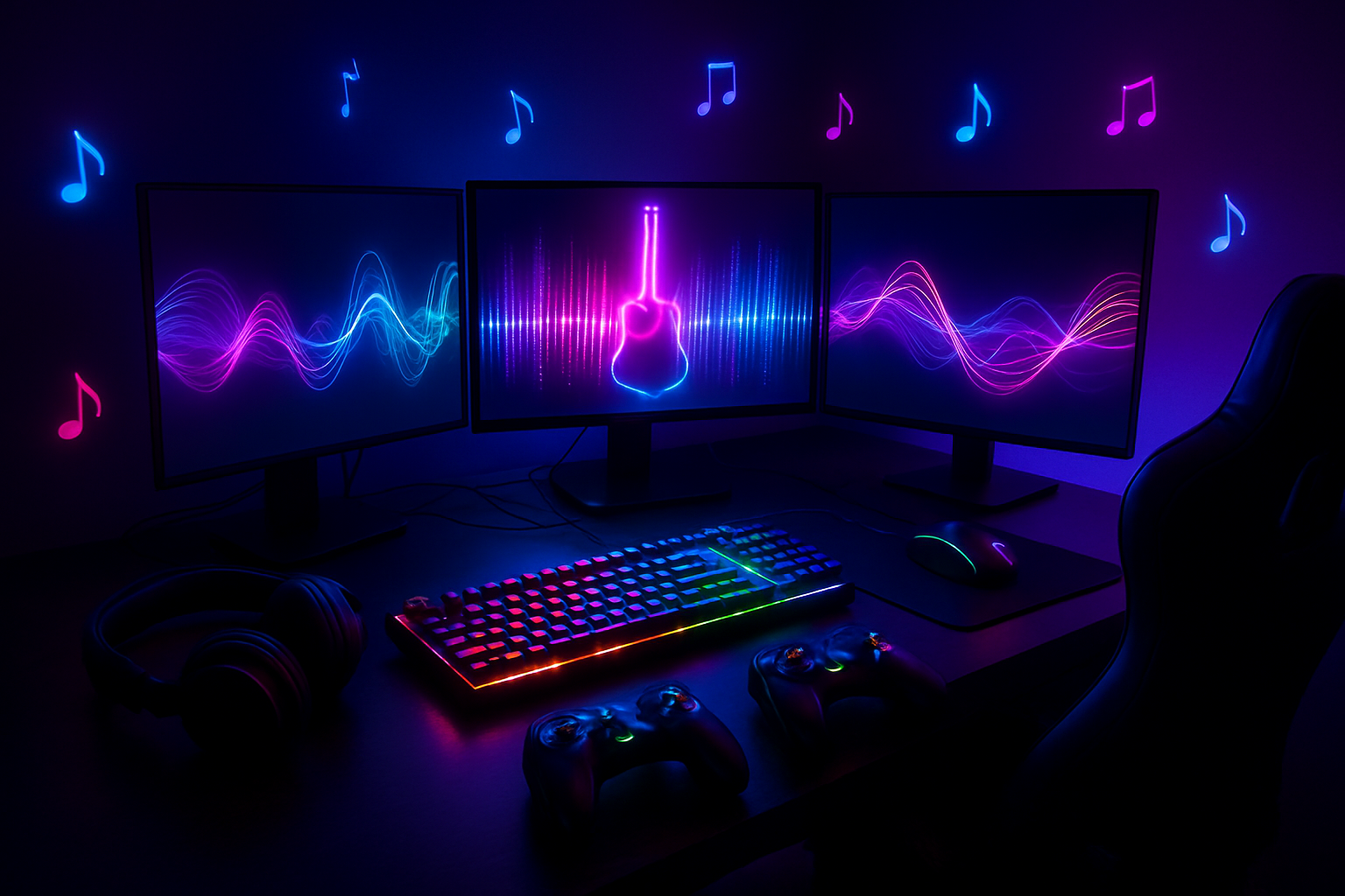 Create a realistic image of a vibrant gaming setup focused on rhythm gaming with colorful mechanical keyboards with RGB backlighting, gaming controllers with glowing buttons, headphones resting on a desk, multiple monitors displaying abstract musical waveforms and beat patterns in neon colors, musical notes floating in the air around the setup, a darkened room with purple and blue ambient lighting creating a modern gaming atmosphere, cables neatly organized, and a sleek gaming chair in the background, absolutely NO text should be in the scene.
